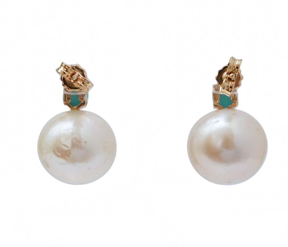 Retro 13, 5 Mm White Pearls, Diamonds, Turquoise, 14 Karat Rose Gold Earrings.