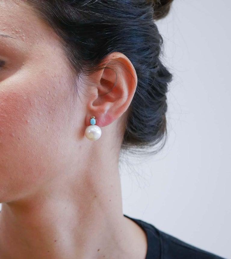 Mixed Cut 13, 5 Mm White Pearls, Diamonds, Turquoise, 14 Karat Rose Gold Earrings.