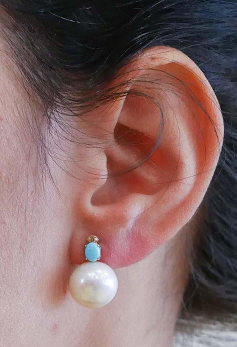 13, 5 Mm White Pearls, Diamonds, Turquoise, 14 Karat Rose Gold Earrings. In New Condition In Marcianise, Marcianise (CE)