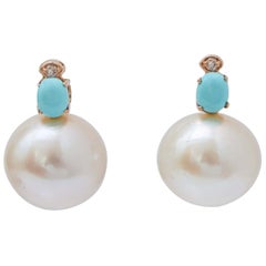 13, 5 Mm White Pearls, Diamonds, Turquoise, 14 Karat Rose Gold Earrings.