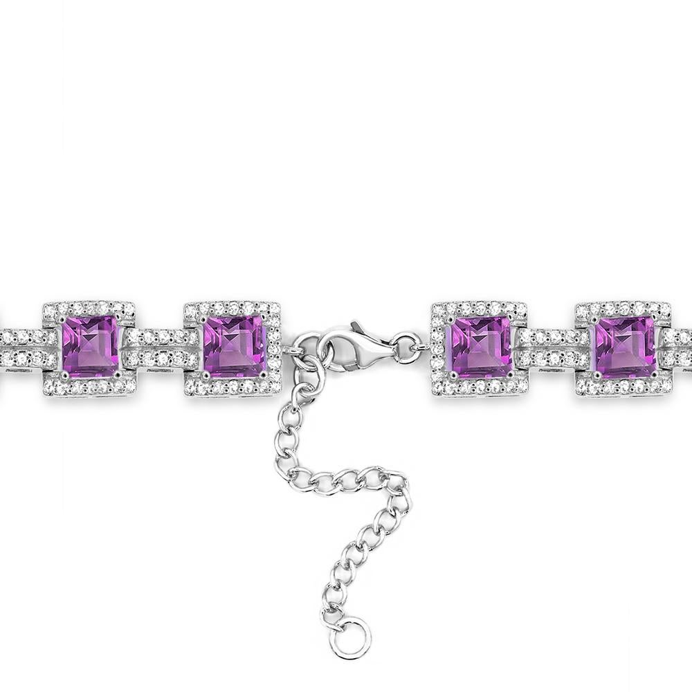 Contemporary 13-7/8 Carat Amethyst and White Topaz Accent Sterling Silver Tennis Bracelet For Sale