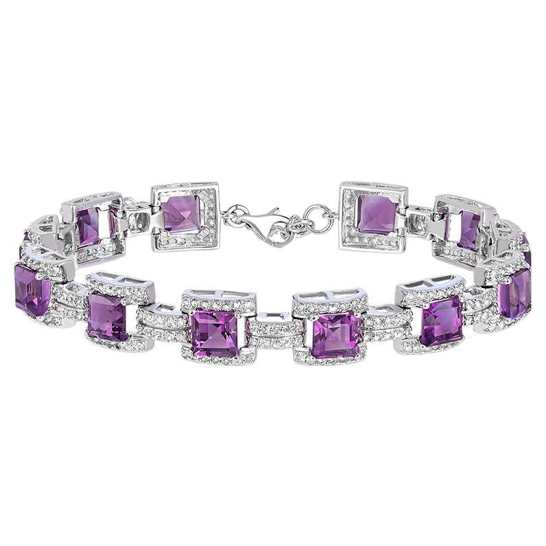 13-7/8 Carat Amethyst and White Topaz Accent Sterling Silver Tennis Bracelet For Sale