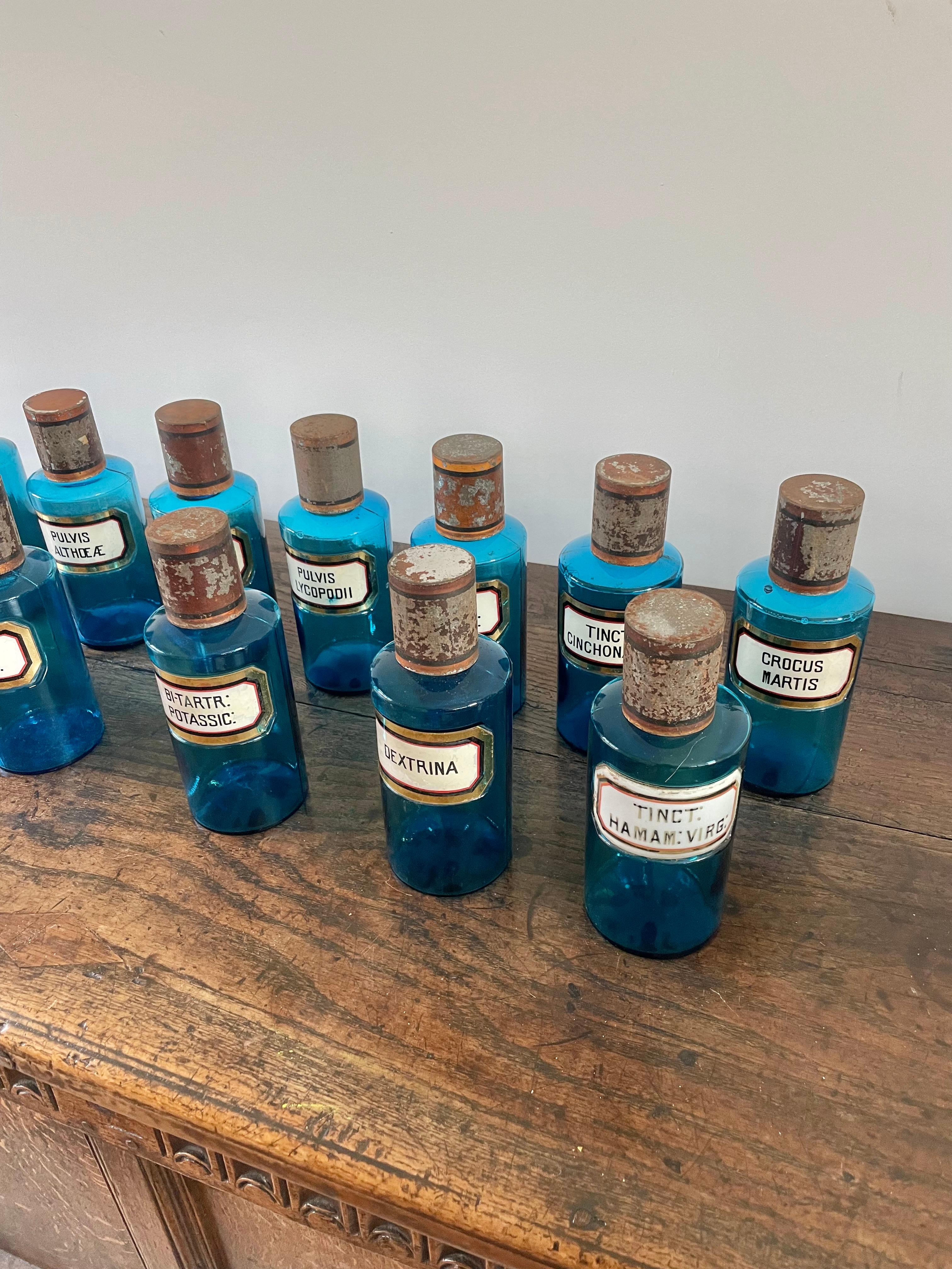 French 13 antique blue glass apothecary bottles For Sale