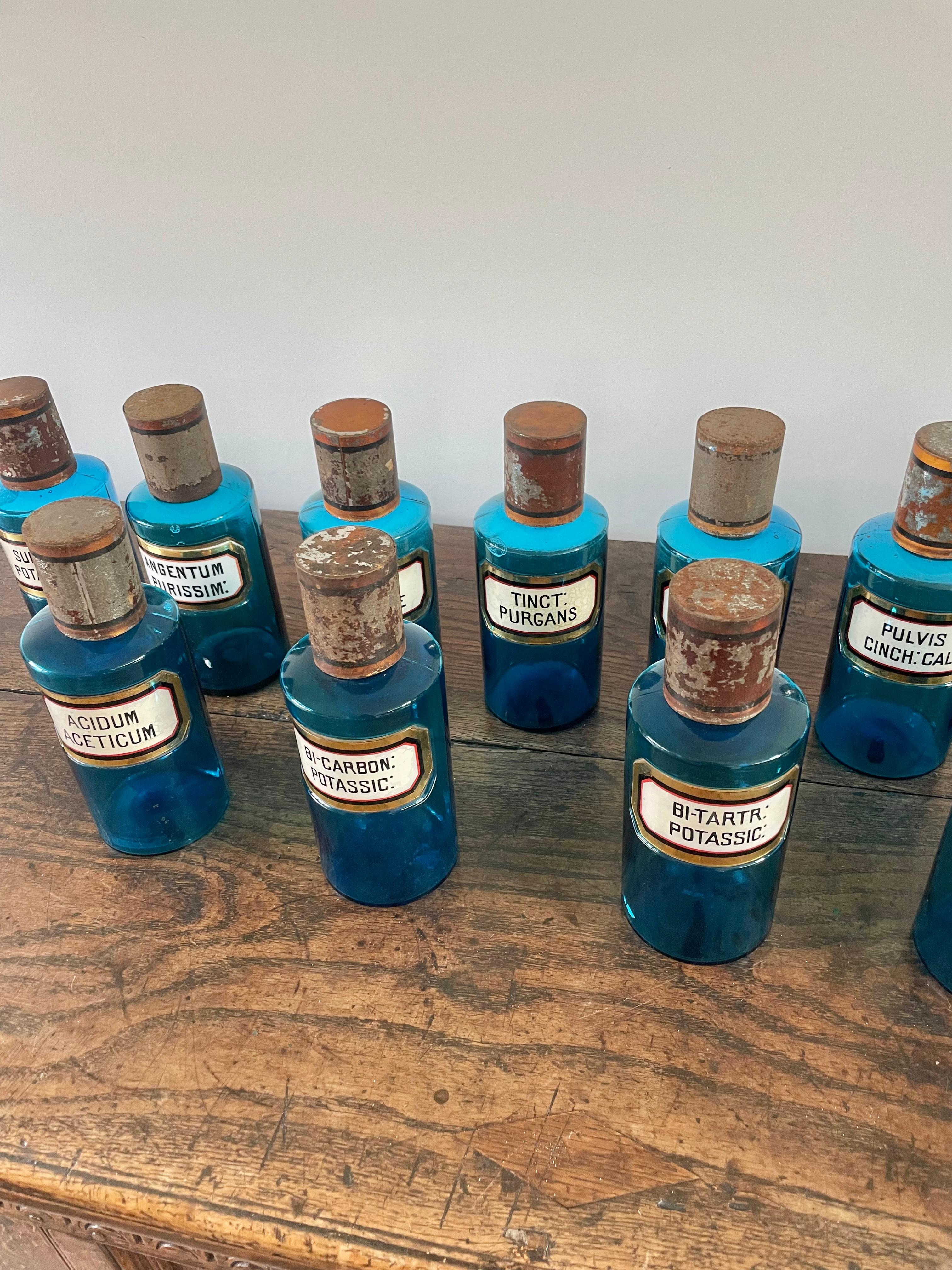 13 antique blue glass apothecary bottles In Good Condition For Sale In Budleigh Salterton, GB