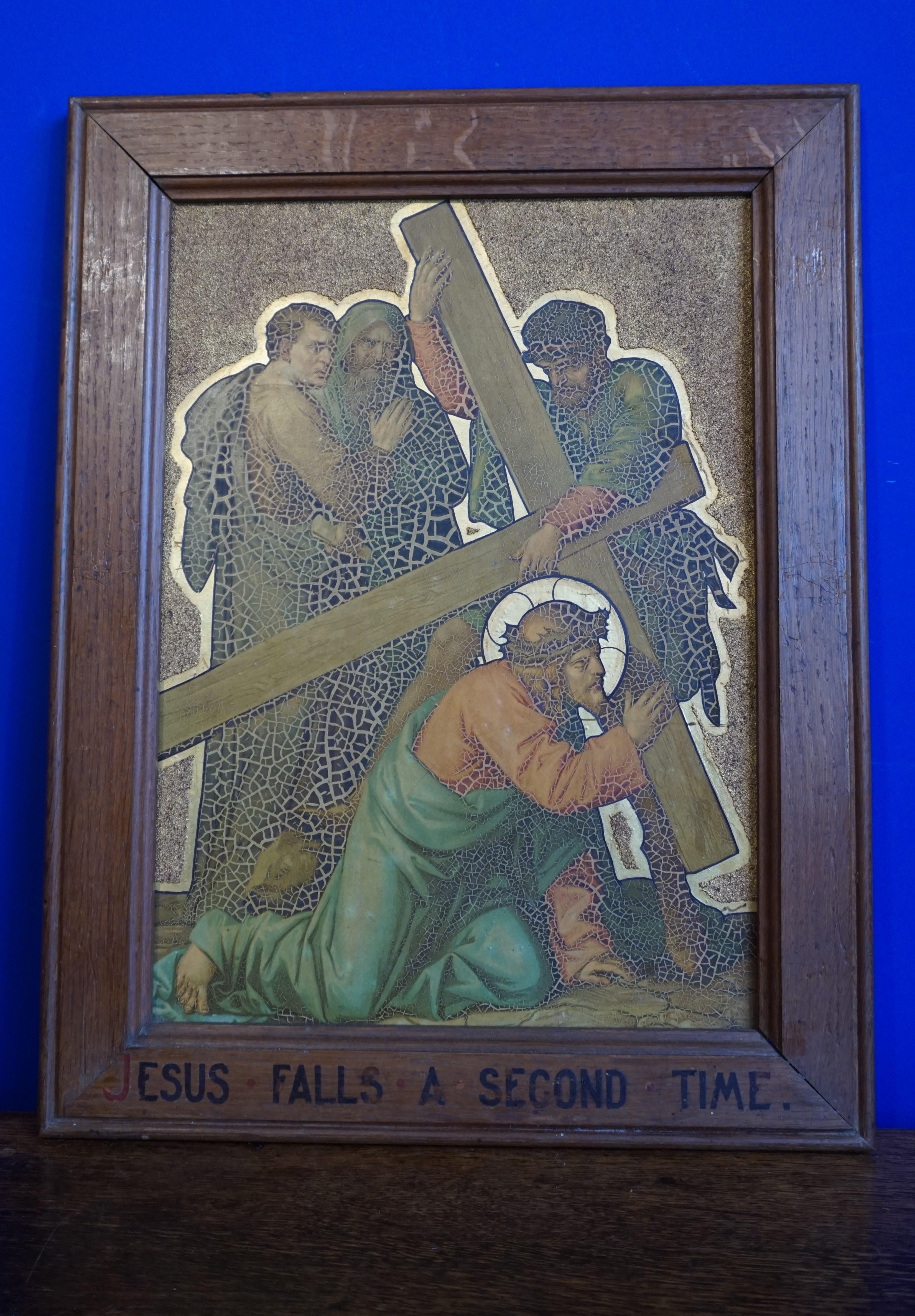 13 Antique Stations Of The Cross, Gilt Lithographs on Zinc Panels in Oak Frames For Sale 3