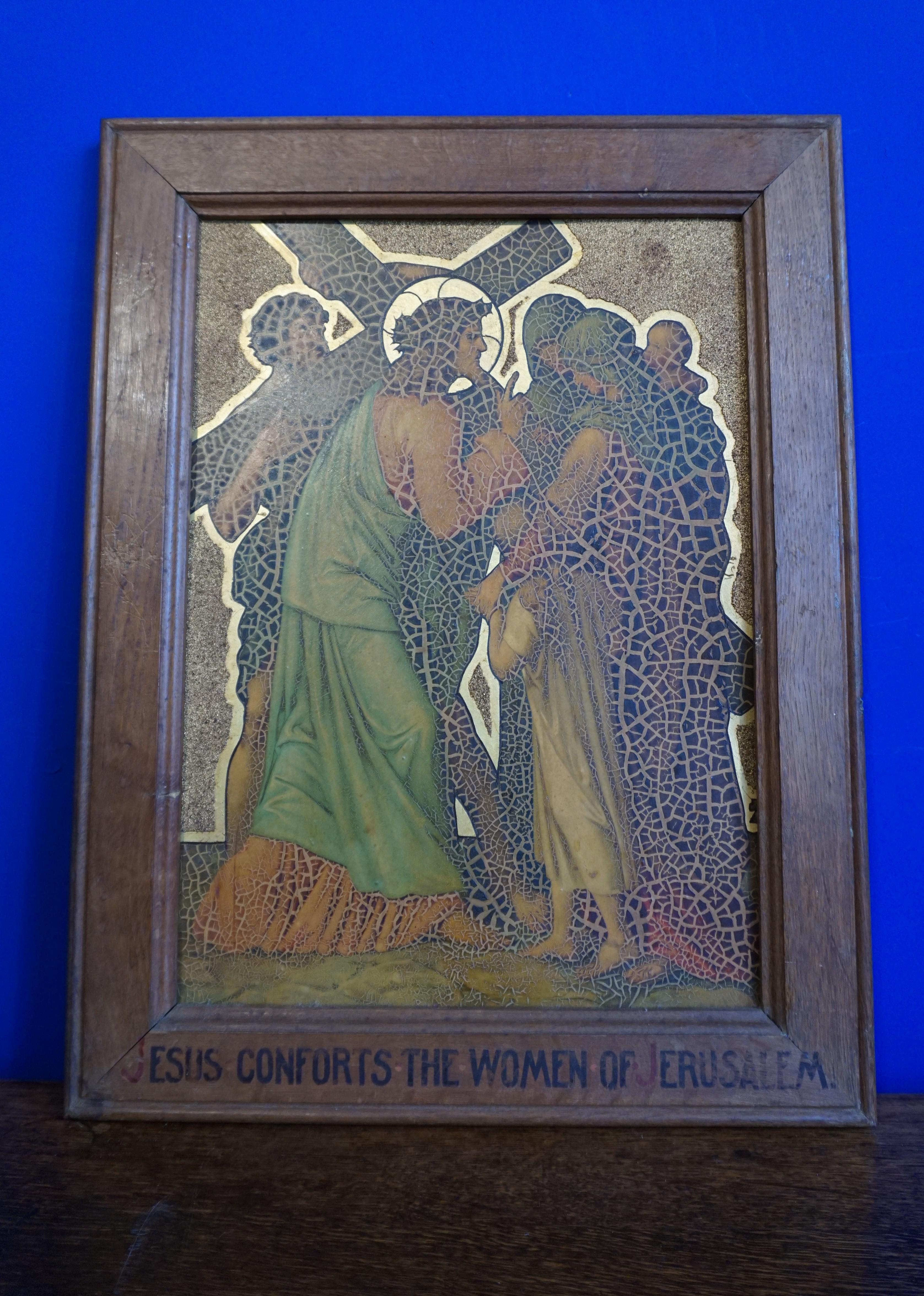 13 Antique Stations Of The Cross, Gilt Lithographs on Zinc Panels in Oak Frames For Sale 4