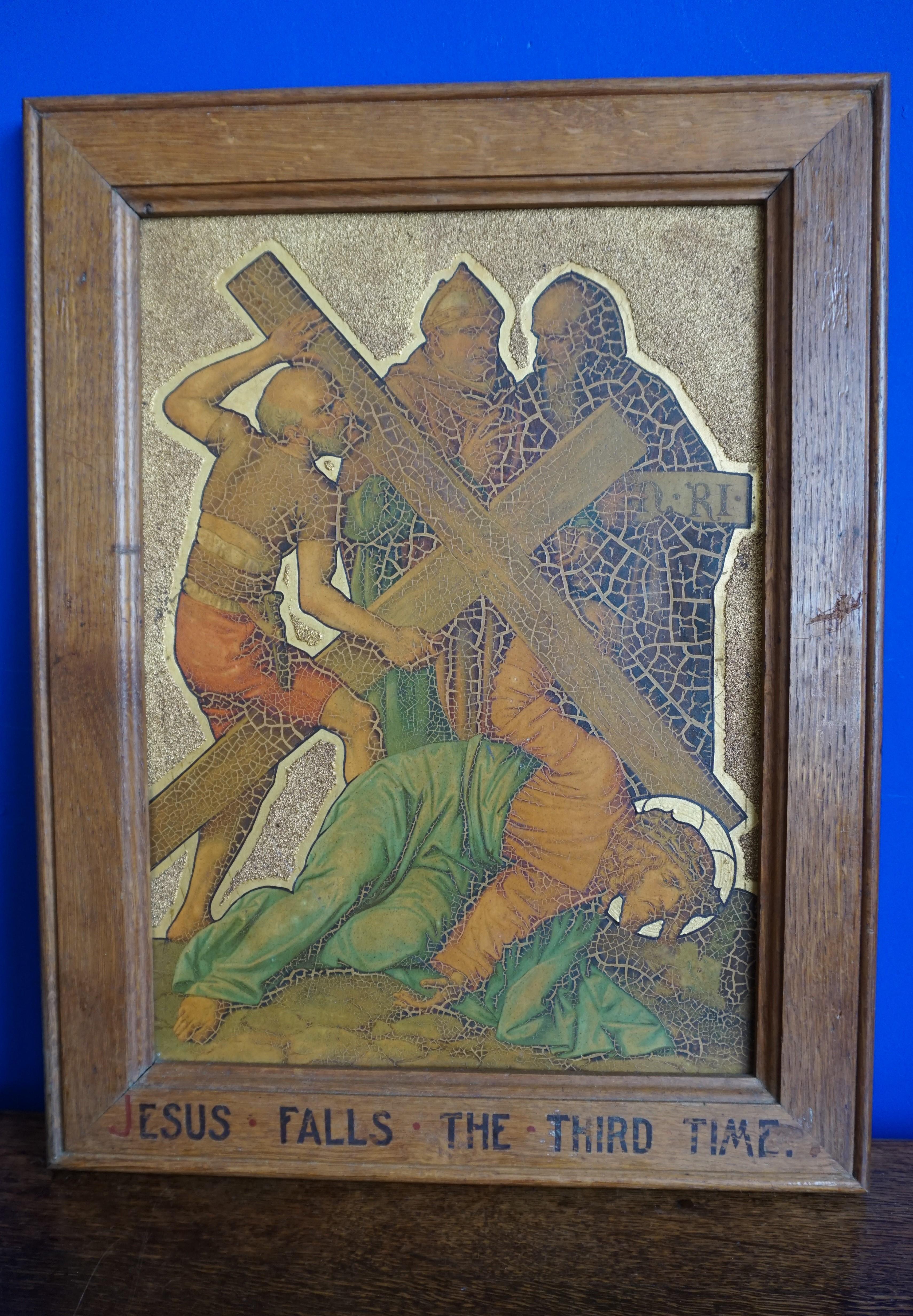 13 Antique Stations Of The Cross, Gilt Lithographs on Zinc Panels in Oak Frames 6