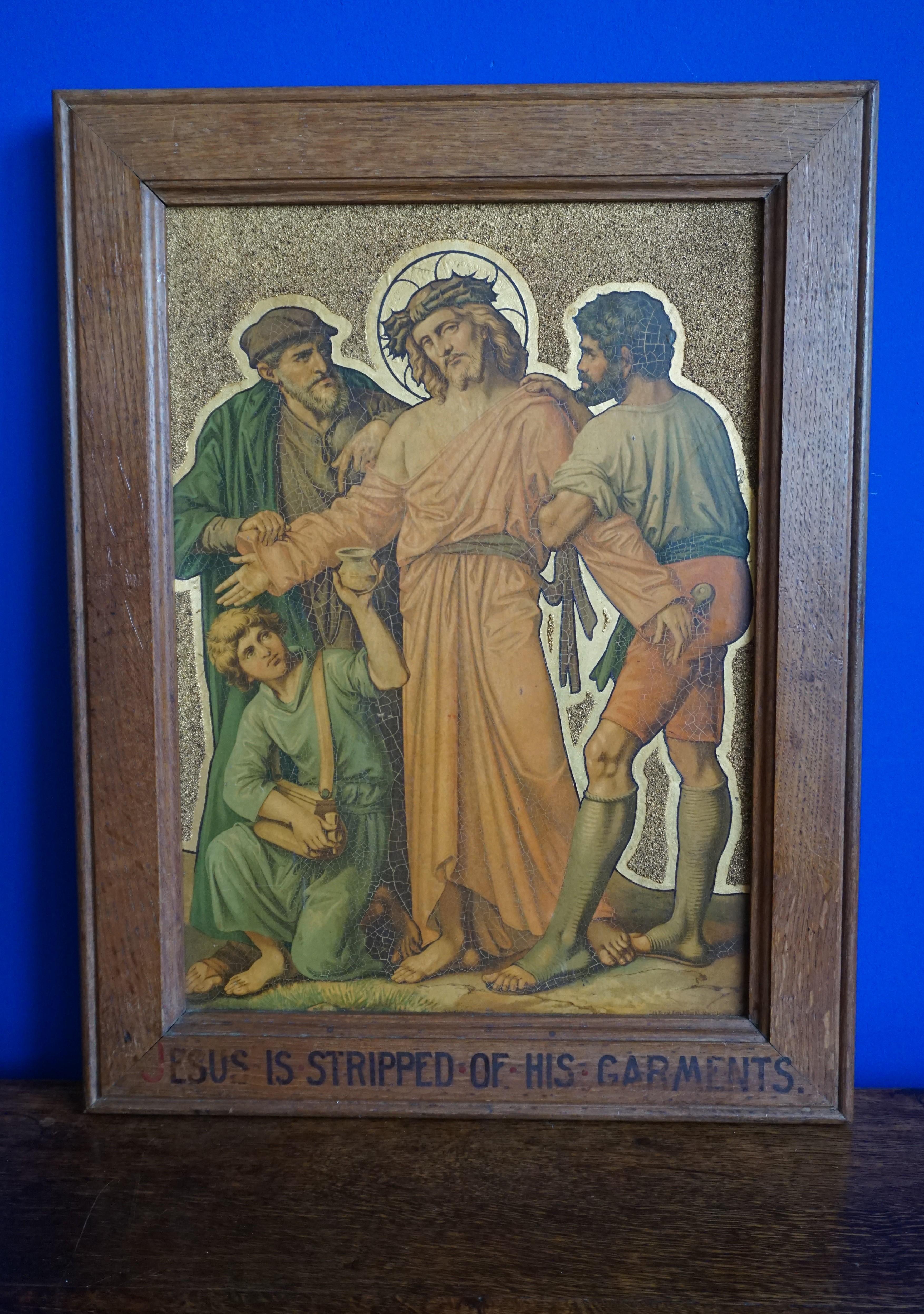 13 Antique Stations Of The Cross, Gilt Lithographs on Zinc Panels in Oak Frames For Sale 6