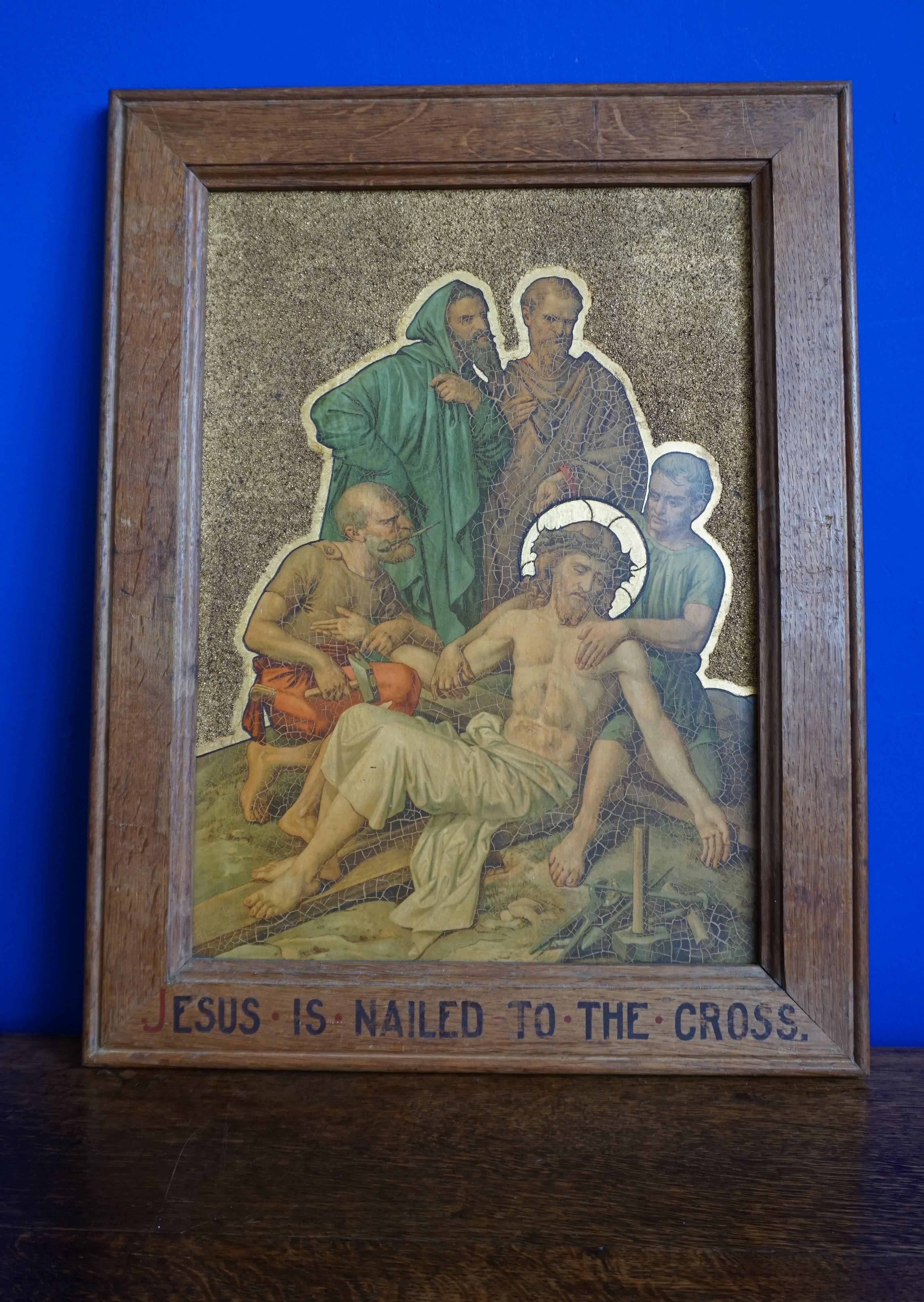 13 Antique Stations Of The Cross, Gilt Lithographs on Zinc Panels in Oak Frames For Sale 7