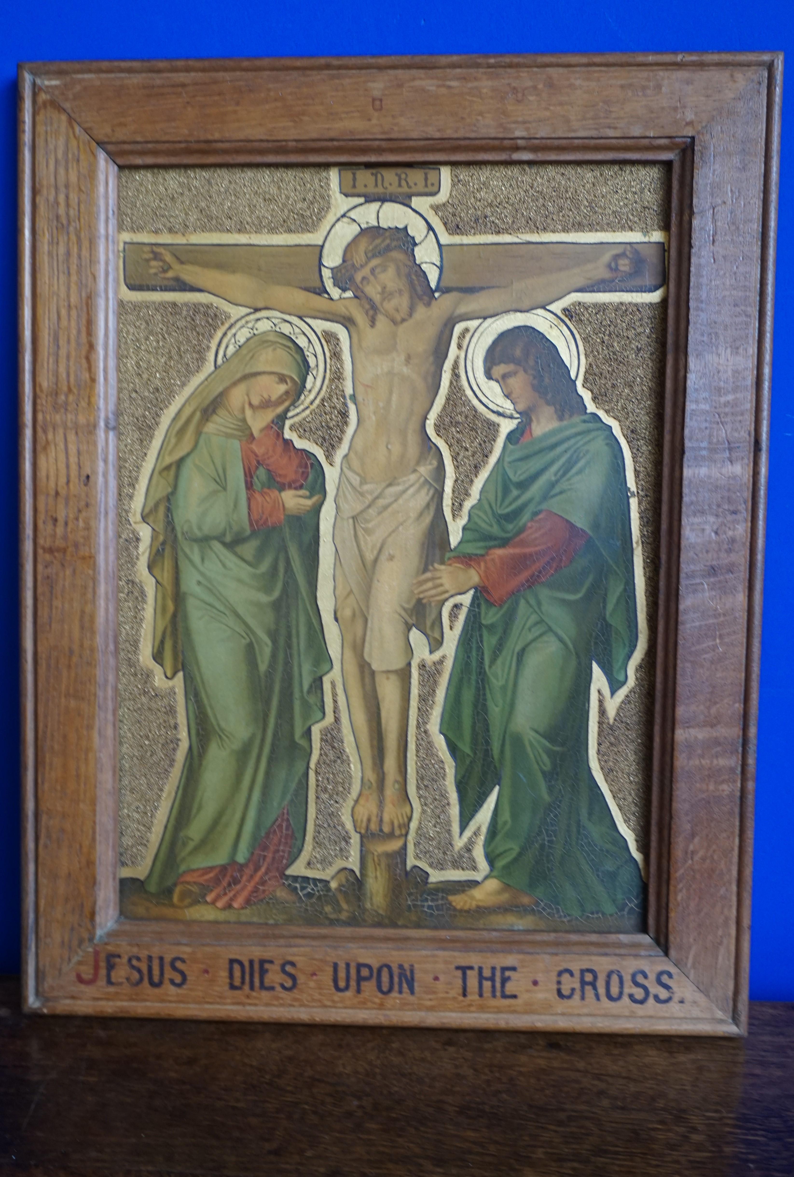 13 Antique Stations Of The Cross, Gilt Lithographs on Zinc Panels in Oak Frames For Sale 8