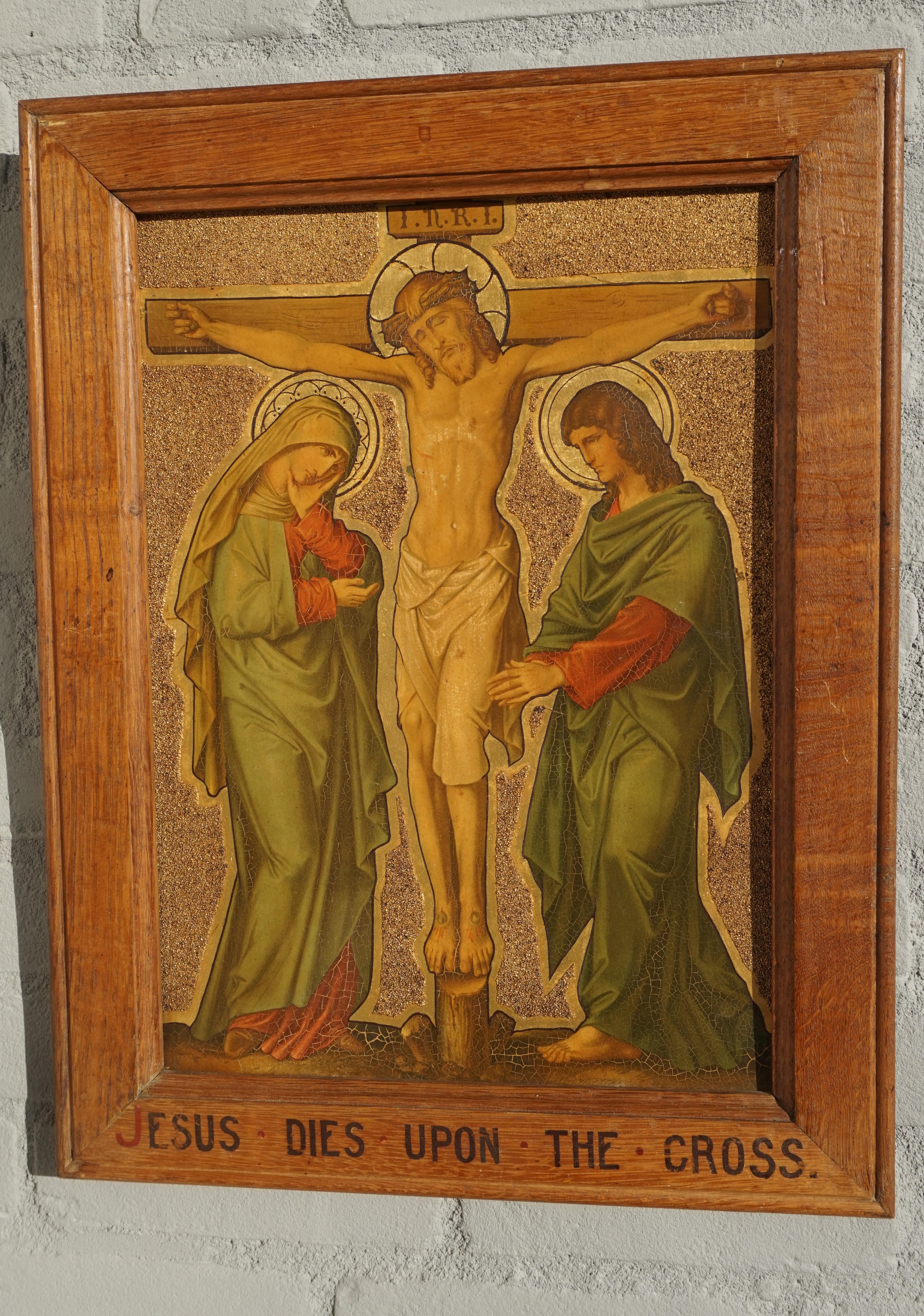13 Antique Stations Of The Cross, Gilt Lithographs on Zinc Panels in Oak Frames For Sale 9