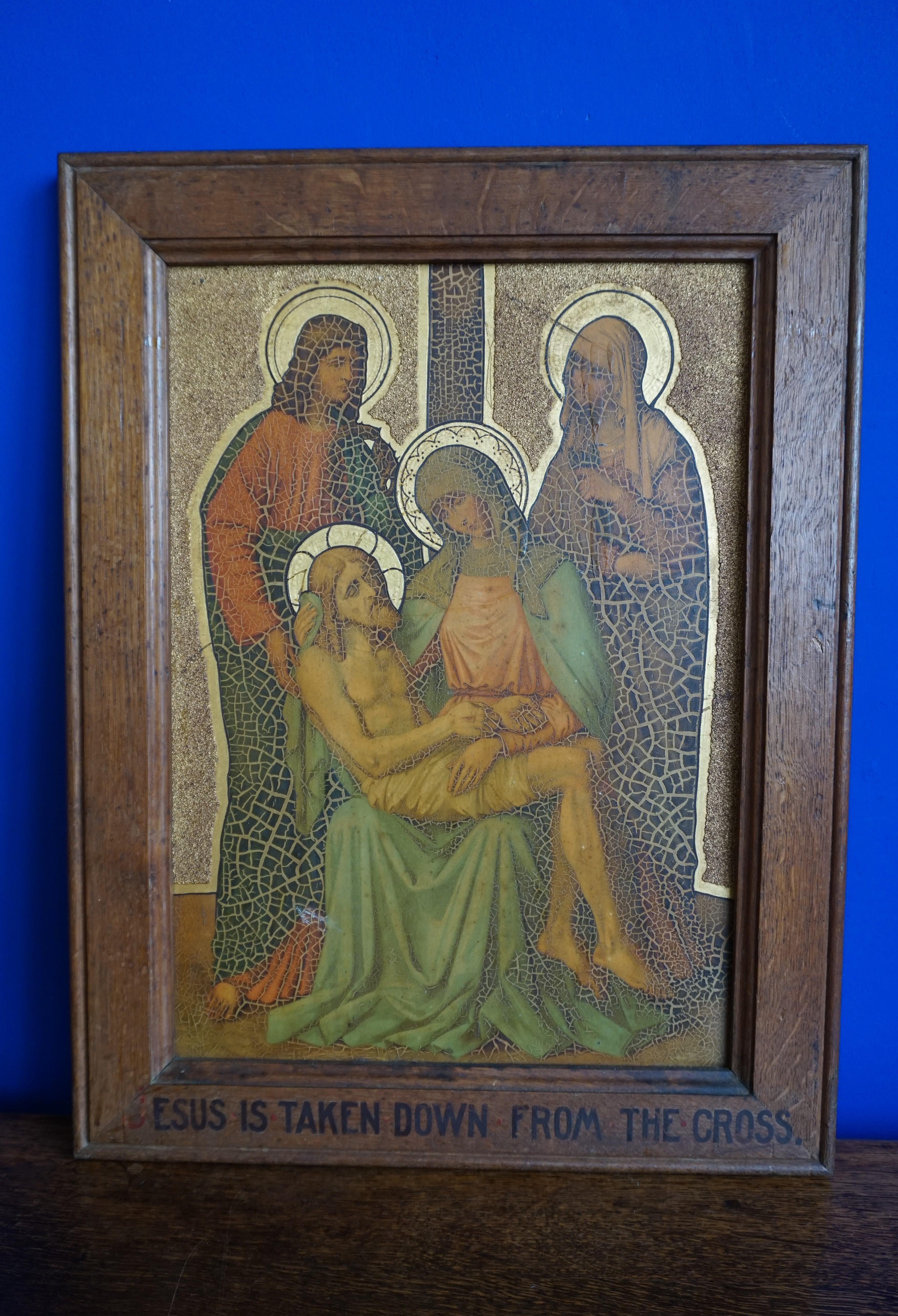 13 Antique Stations Of The Cross, Gilt Lithographs on Zinc Panels in Oak Frames For Sale 11