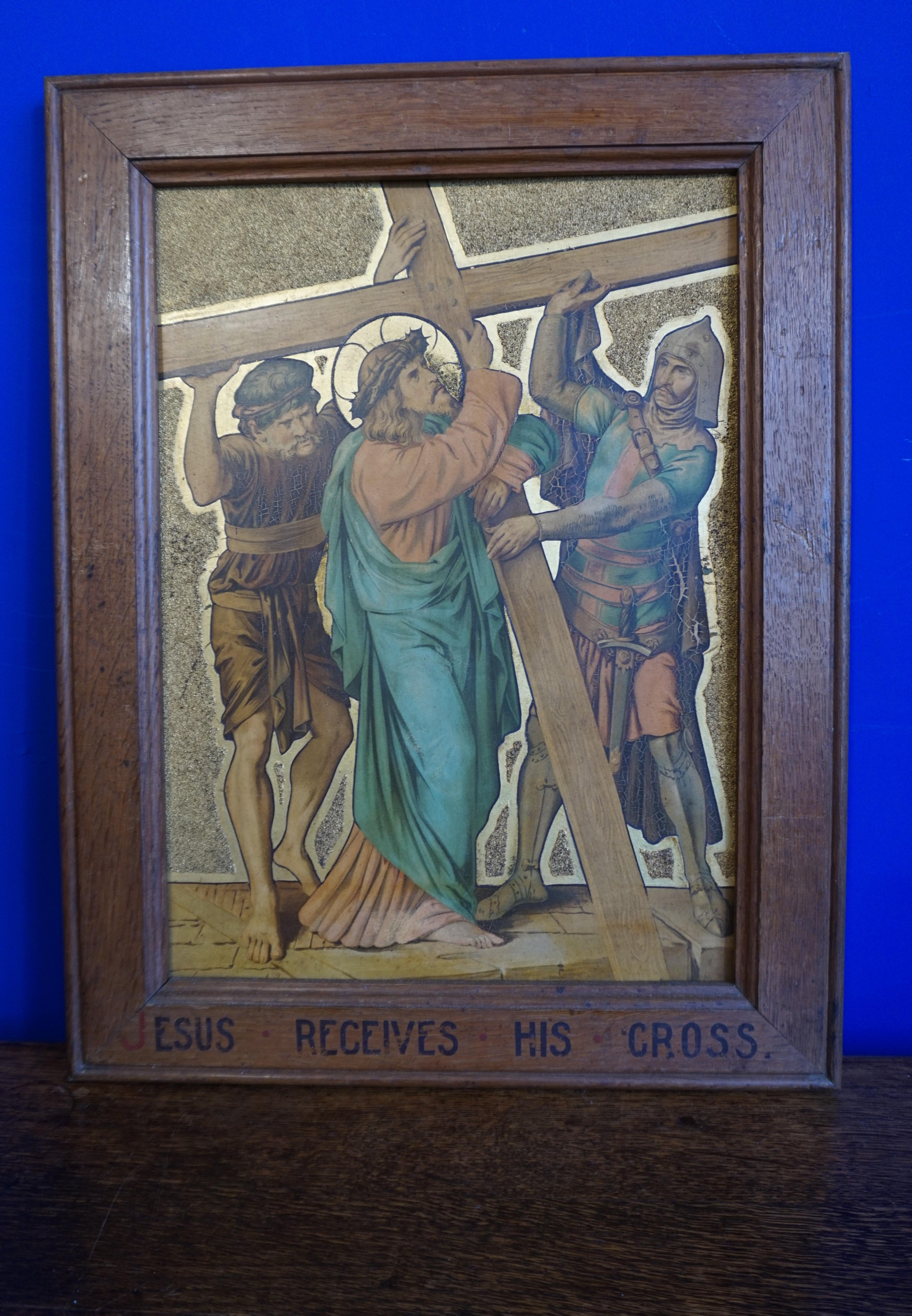 European 13 Antique Stations Of The Cross, Gilt Lithographs on Zinc Panels in Oak Frames For Sale