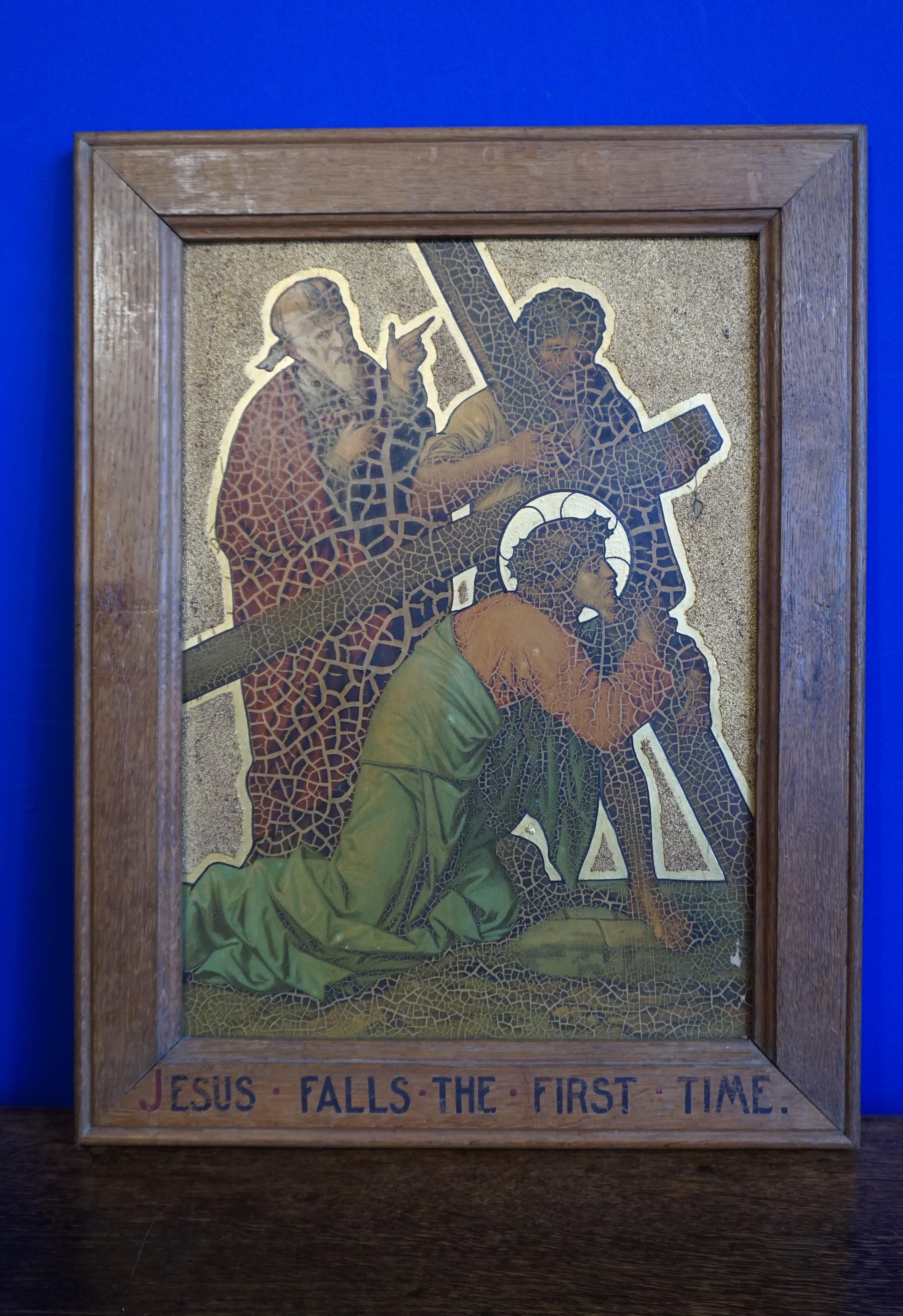 Hand-Crafted 13 Antique Stations Of The Cross, Gilt Lithographs on Zinc Panels in Oak Frames For Sale