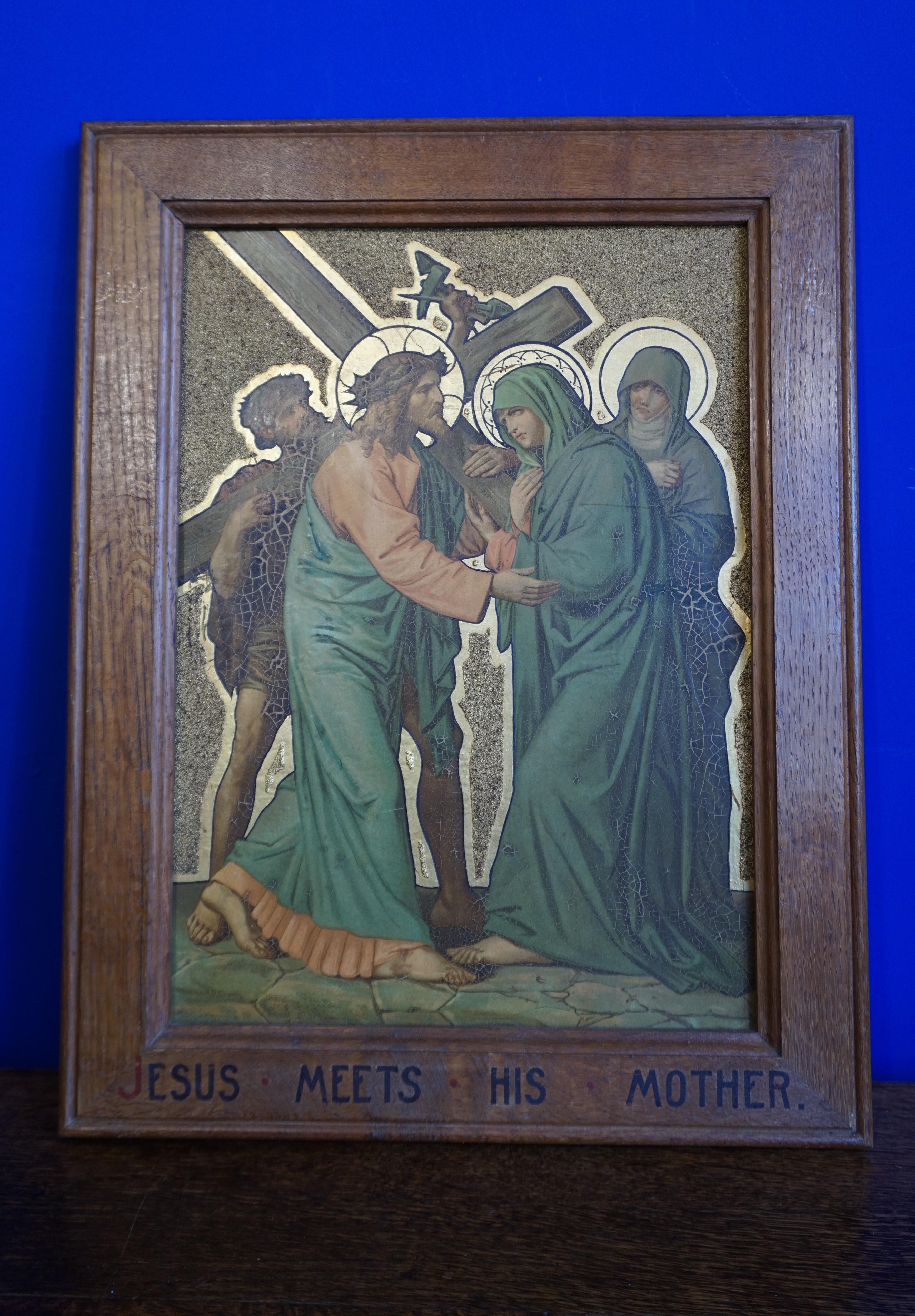 13 Antique Stations Of The Cross, Gilt Lithographs on Zinc Panels in Oak Frames In Good Condition For Sale In Lisse, NL