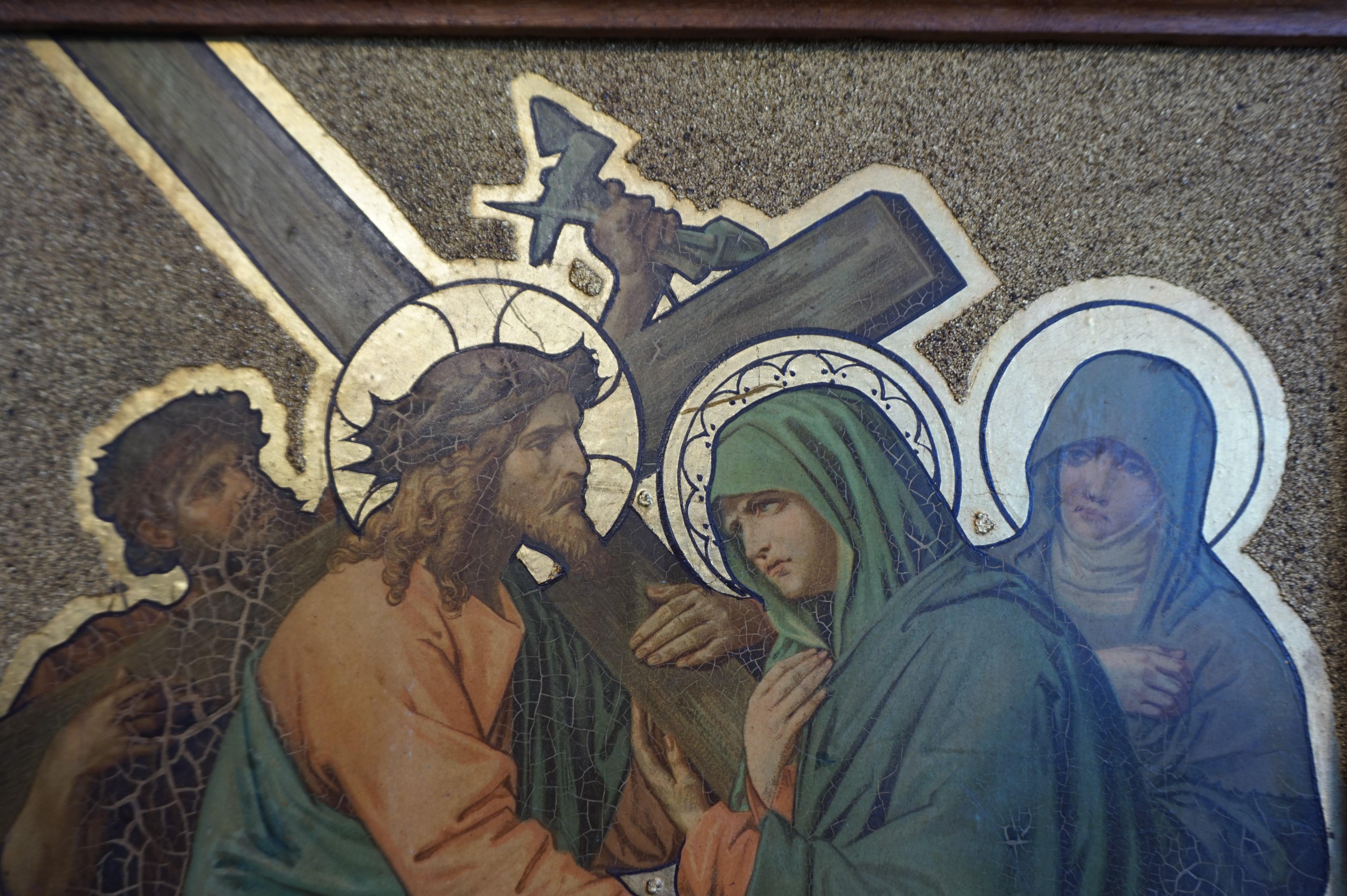 20th Century 13 Antique Stations Of The Cross, Gilt Lithographs on Zinc Panels in Oak Frames For Sale