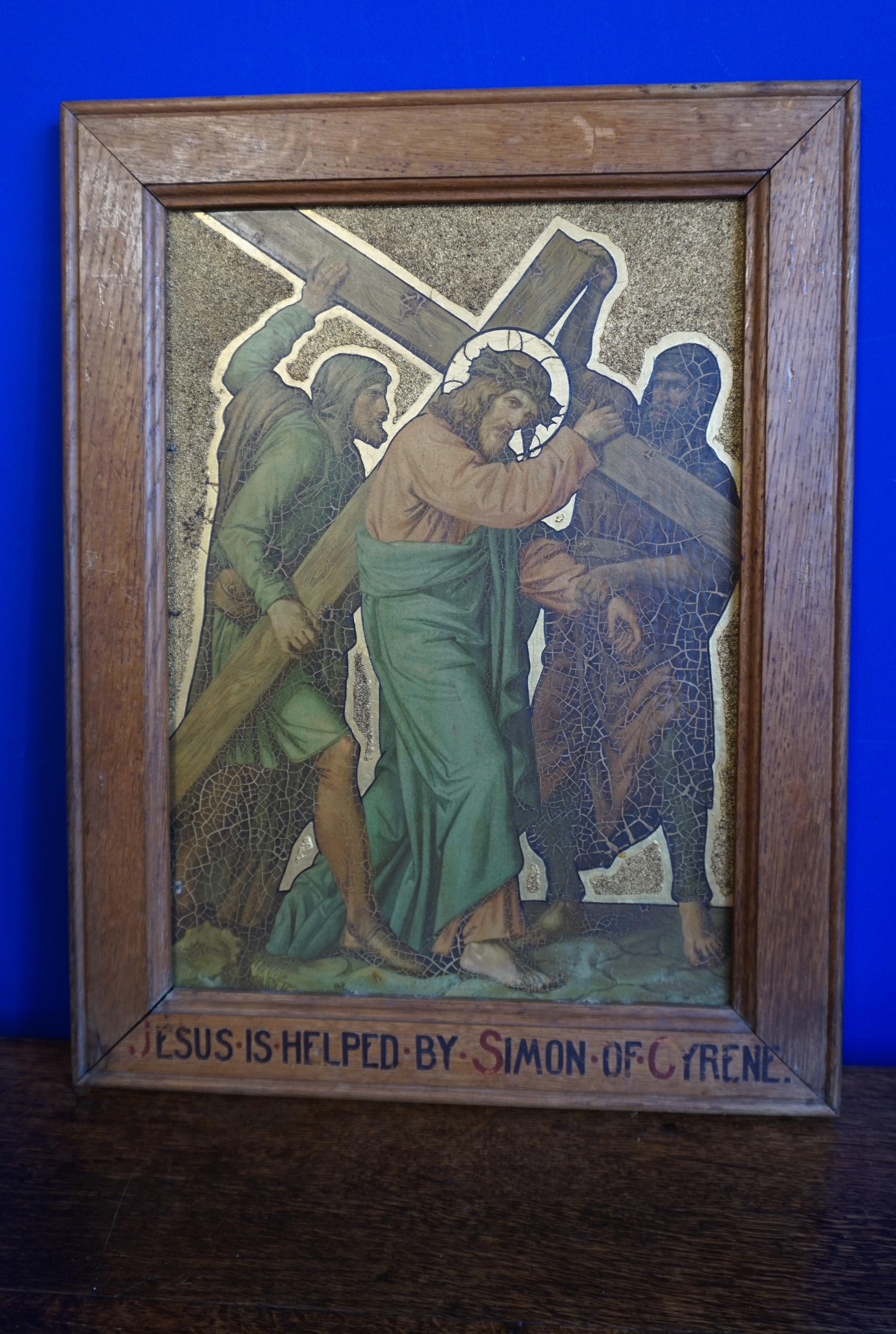 13 Antique Stations Of The Cross, Gilt Lithographs on Zinc Panels in Oak Frames For Sale 1
