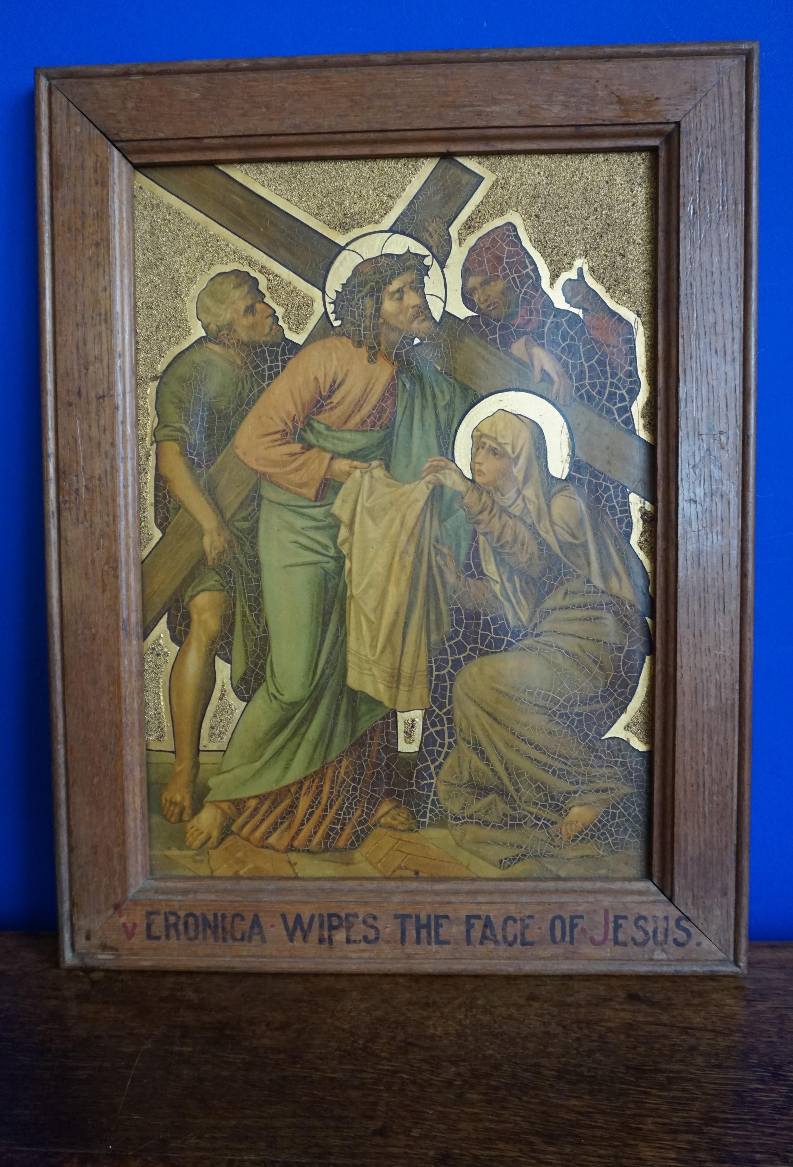 13 Antique Stations Of The Cross, Gilt Lithographs on Zinc Panels in Oak Frames For Sale 2
