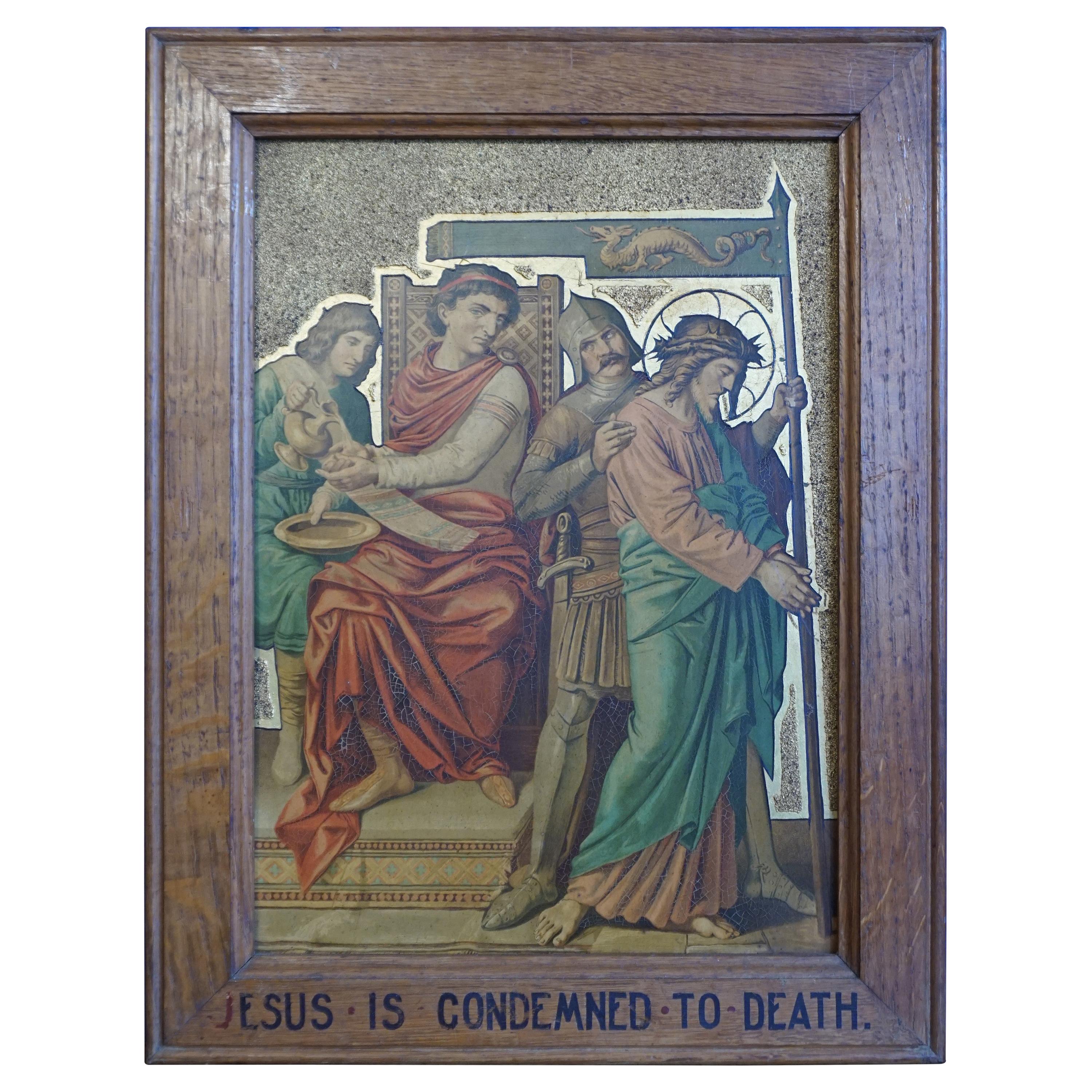 13 Antique Stations Of The Cross, Gilt Lithographs on Zinc Panels in Oak Frames For Sale