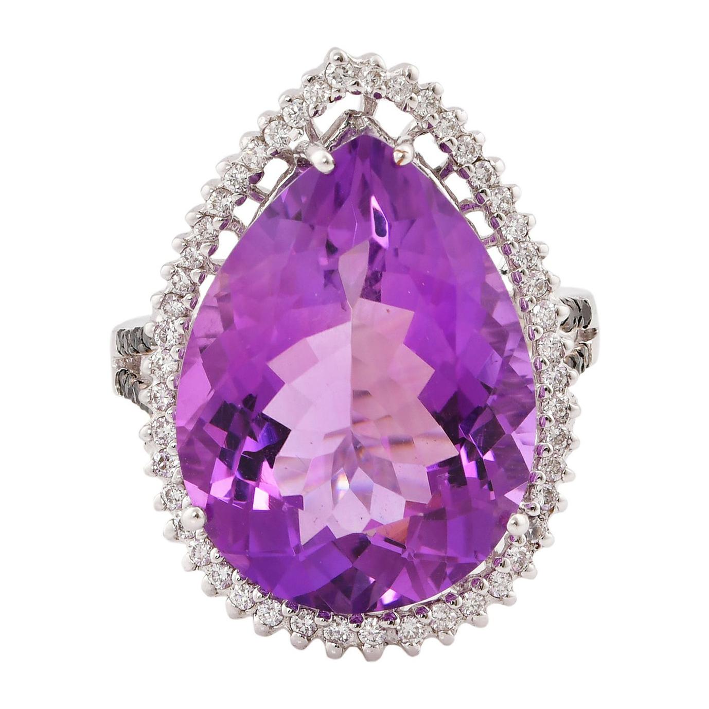 13 Carat Amethyst and Diamond Ring in 14 Karat White Gold For Sale