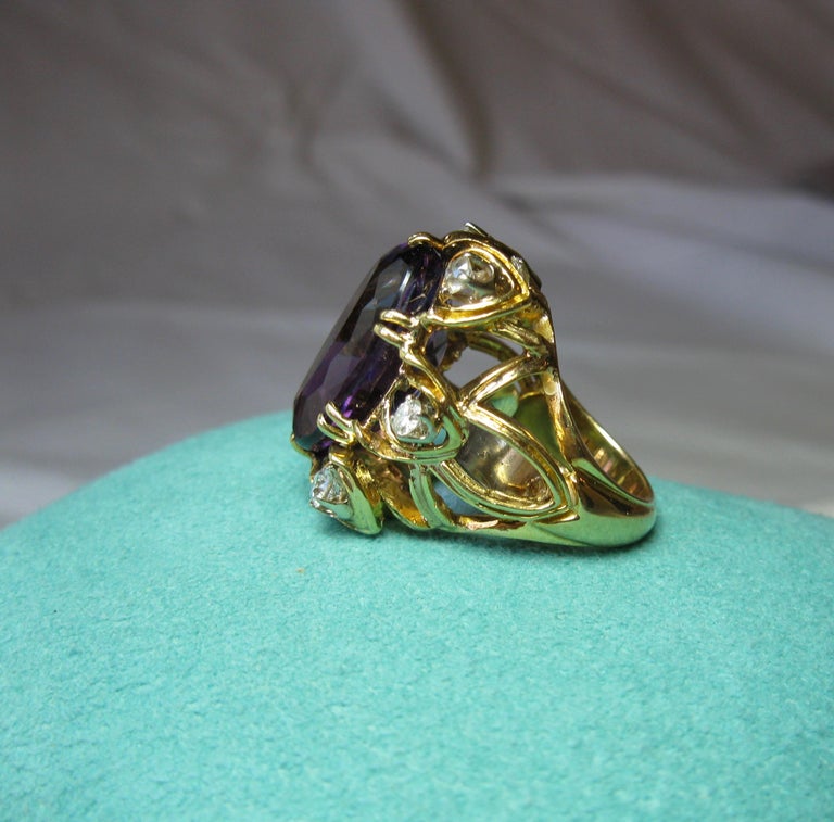13 Carat Amethyst Diamond Cocktail Ring 18 Karat Gold Retro Hollywood Regency at 1stDibs