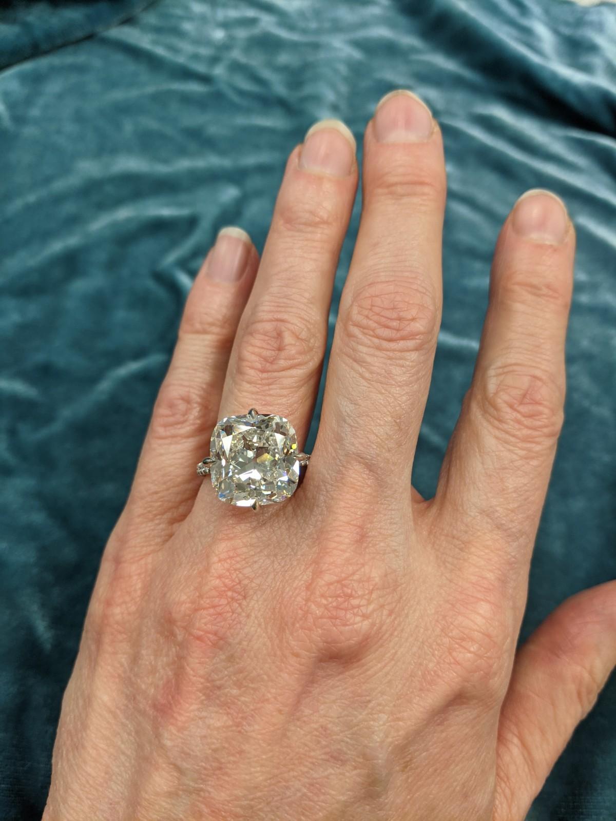 Contemporary 13 Carat GIA Certified Antique Cut Cushion Diamond Ring in Platinum