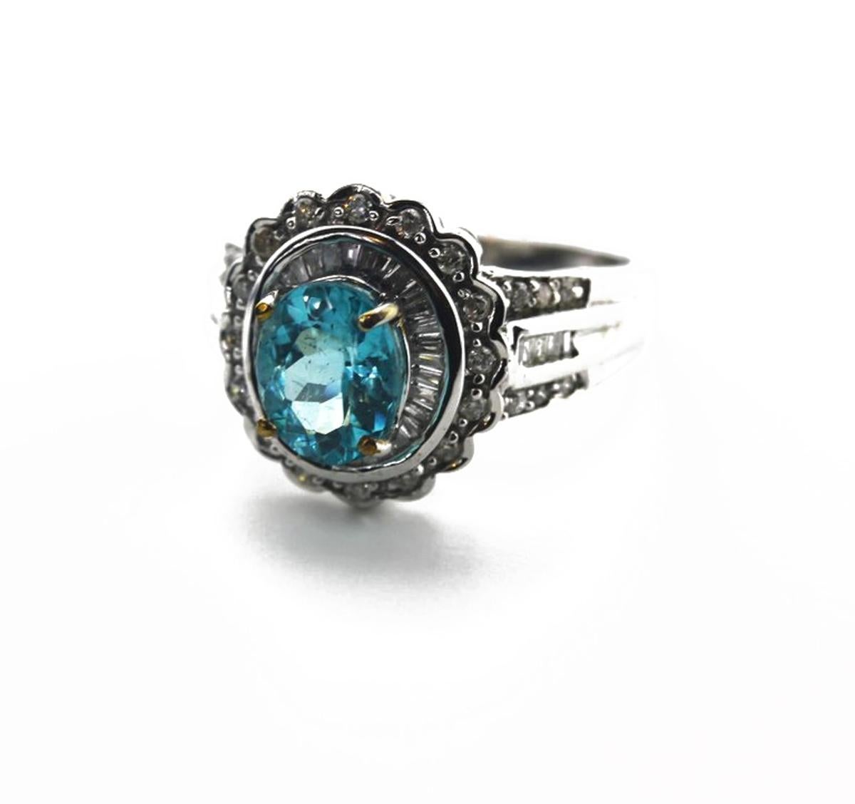 Oval Cut AJD Gorgeous Petite 1.3 Ct Oval Blue Apatite & Diamond 10kt Gold Ring For Sale