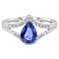 1.31 Ct Luxury Pear Blue Sapphire 0.36 Ct Diamond Ring in Solid 18K Gold Jewelry