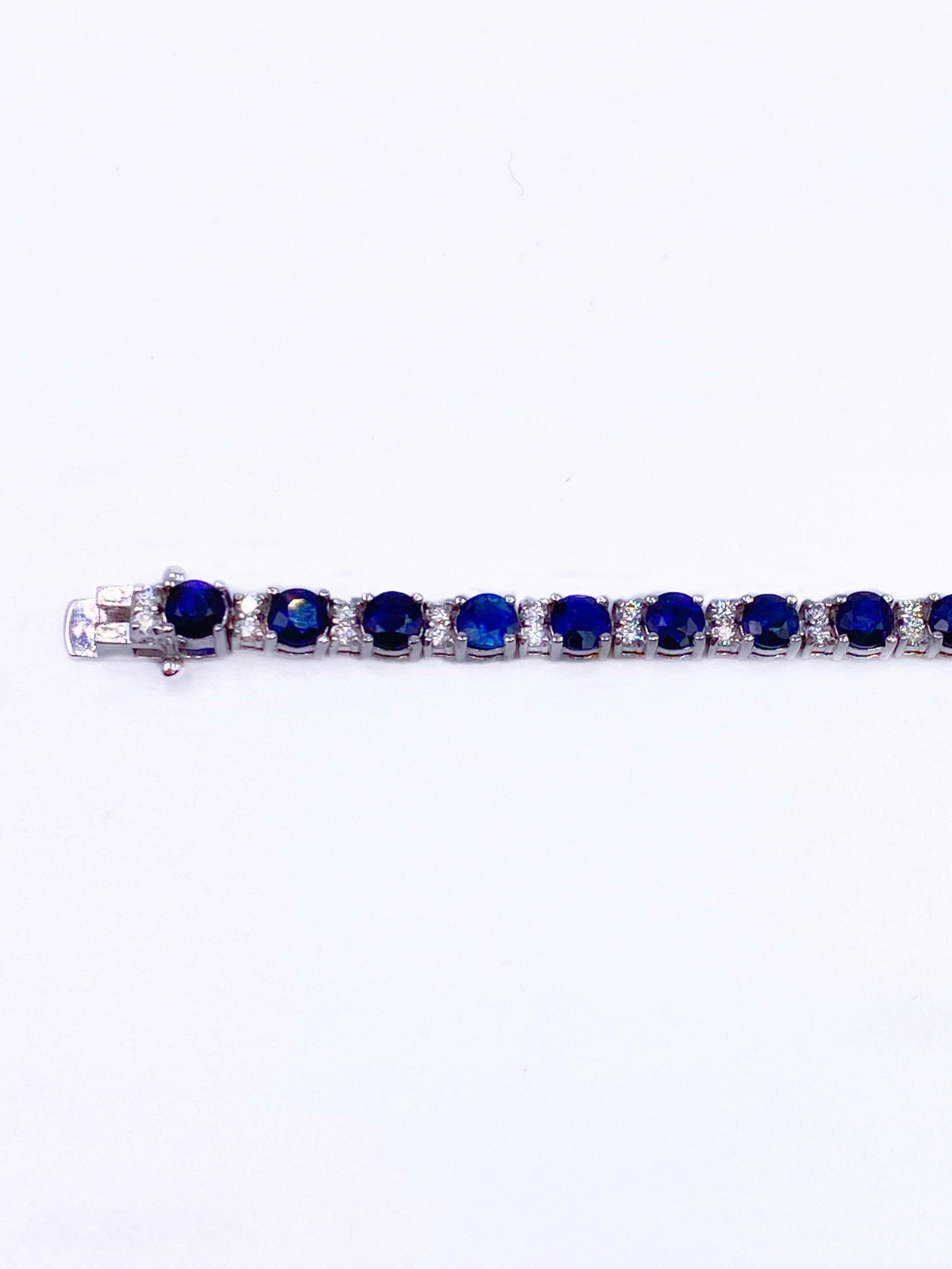 13 Ct (5 x 4mm) Blue Sapphires
1 Ct (F-G color, VS2) diamonds

Inspired by the fire and radiance of our superlative sapphires and diamonds, ALPENGEM uses a round cut flawless gems for a distinctly romantic sensibility. This feminine take on the