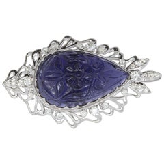 13 Carat Carved Flower Pear Iolite Round Diamond Cocktail Ring 14K White Gold