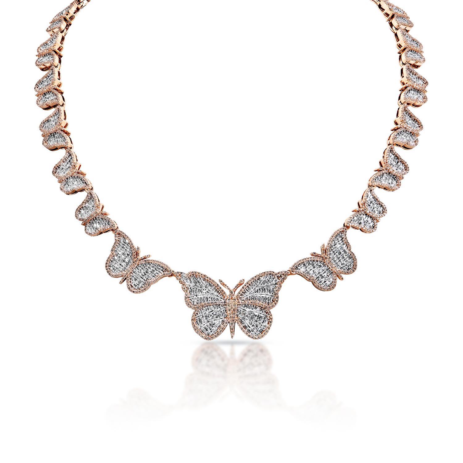 Diamond Necklace:

Carat Weight: 13.06 Carats
Style: Combine Mix Shape
Chains: 14 Karat Rose Gold
Setting: Pave