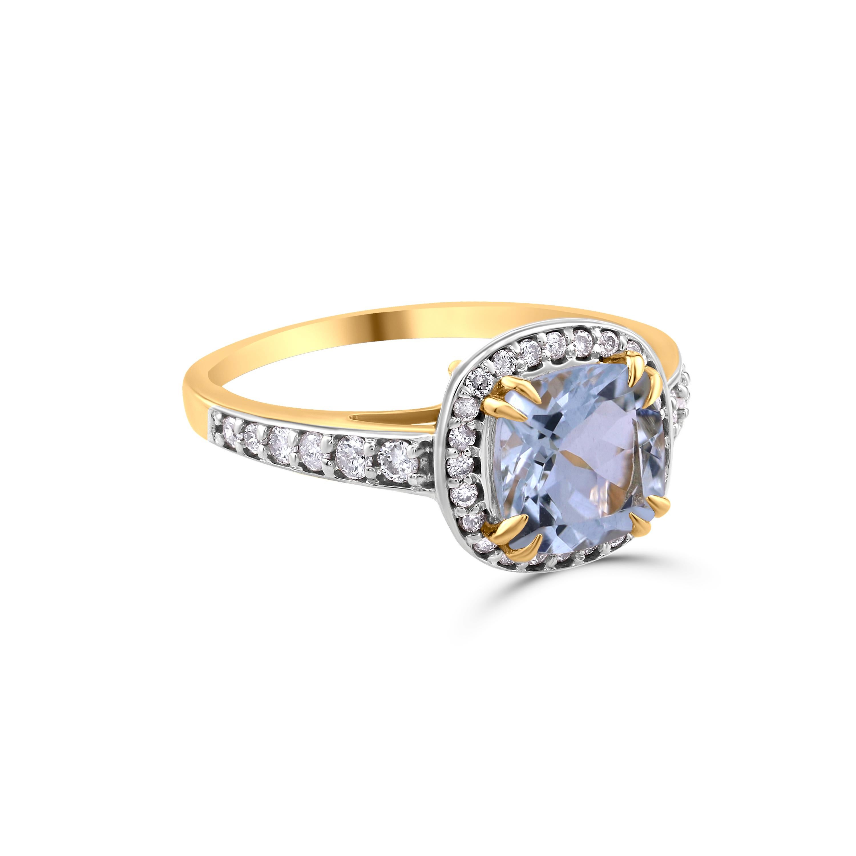 Gemistry 1.3 Carat Cushion Aquamarine Halo Solitaire Diamond Ring in 14K Gold 3