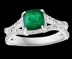 1.3 Carat Cushion Cut Emerald and 1.2 Carat Diamond Ring 14 Karat White Gold