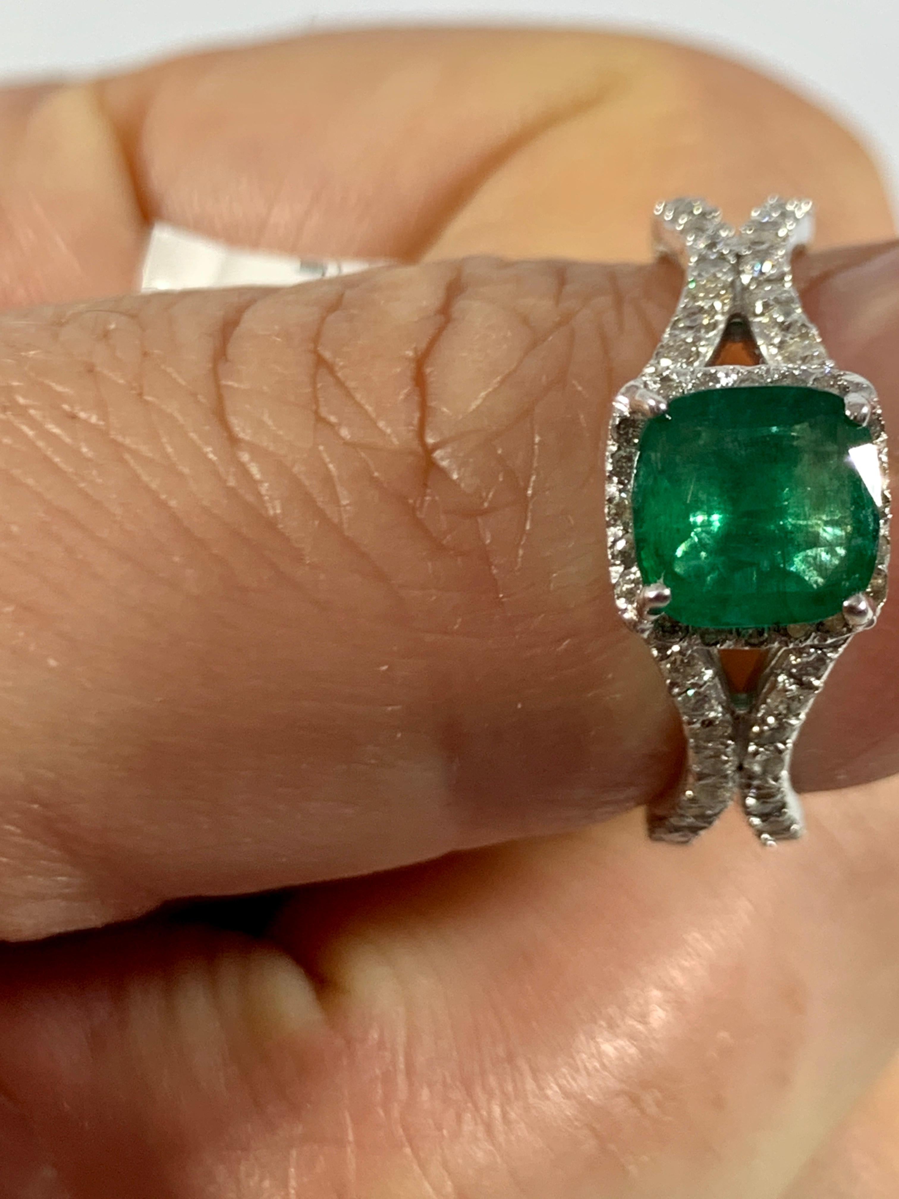 1.3 Carat Cushion Cut Emerald and 1.2 Carat Diamond Ring 14 Karat White Gold In Excellent Condition For Sale In New York, NY