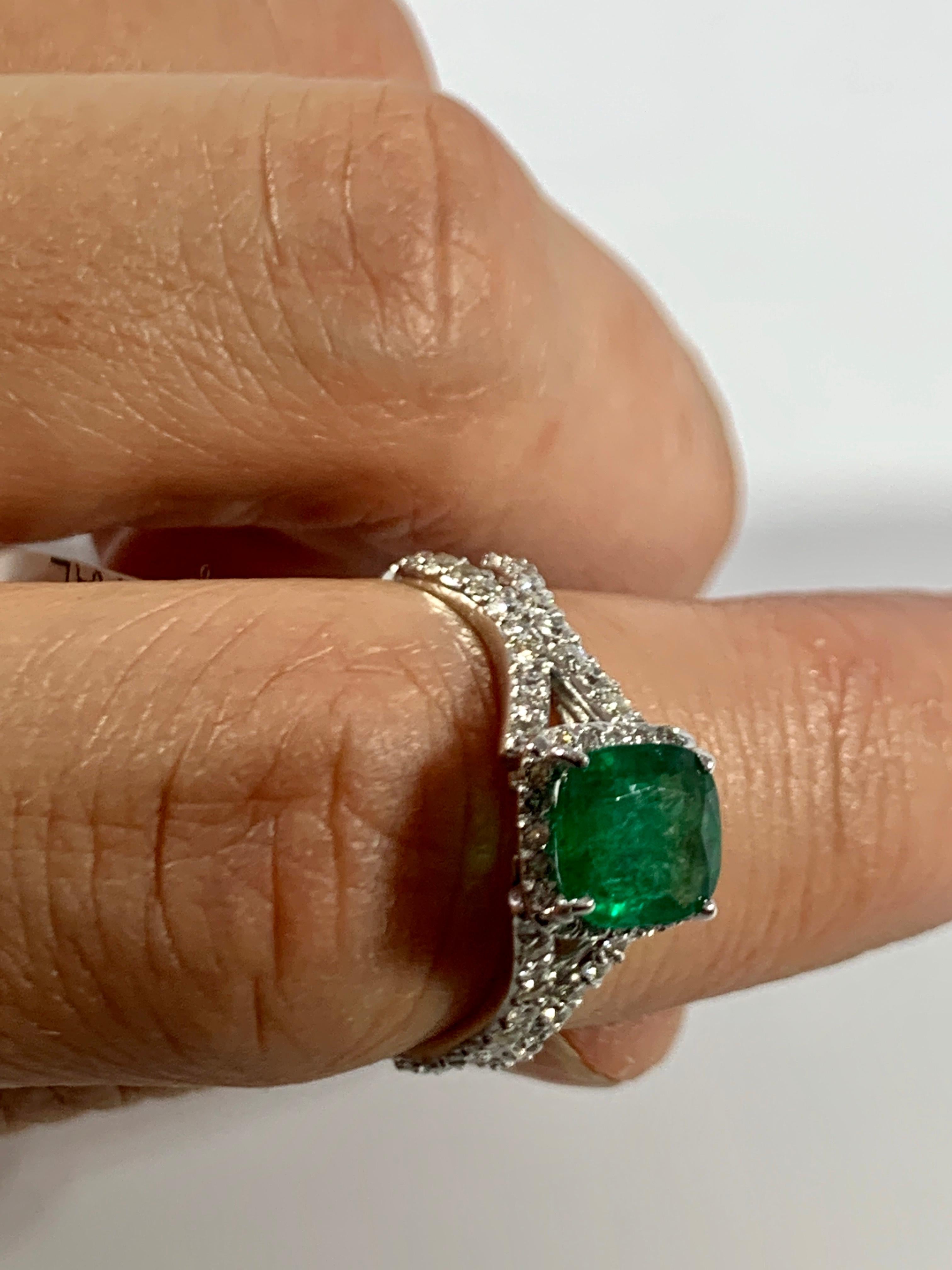 Women's 1.3 Carat Cushion Cut Emerald and 1.2 Carat Diamond Ring 14 Karat White Gold For Sale