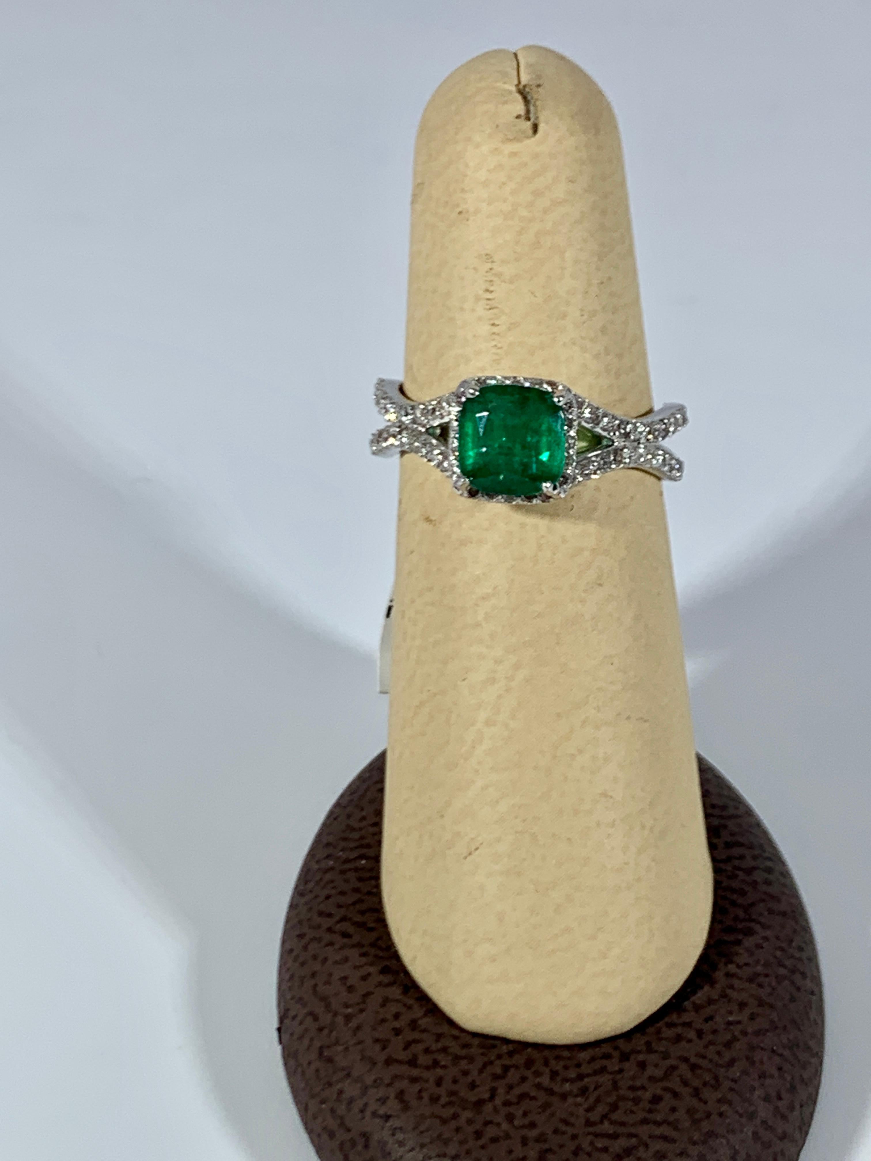 1.3 Carat Cushion Cut Emerald and 1.2 Carat Diamond Ring 14 Karat White Gold For Sale 2