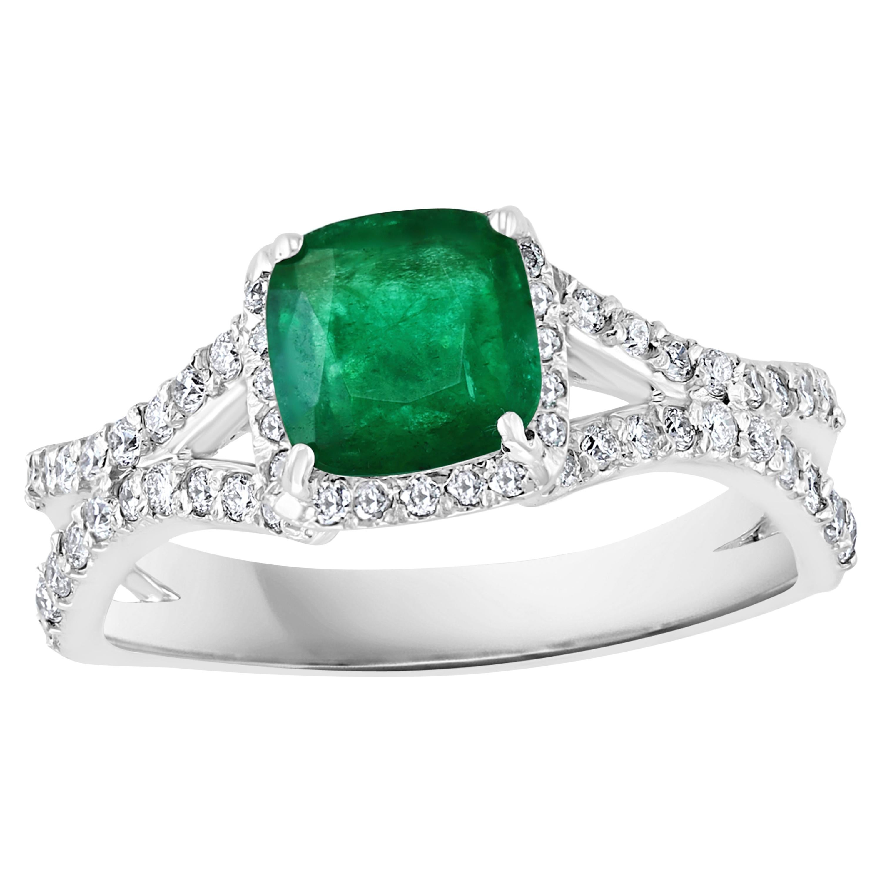 1.3 Carat Cushion Cut Emerald and 1.2 Carat Diamond Ring 14 Karat White Gold For Sale