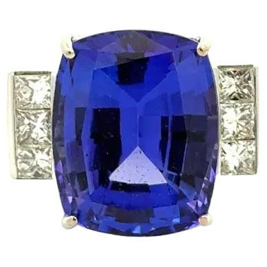 13 Carat Cushion Tanzanite and Princess Diamond Gold Statement Oscar Worthy Ring For Sale