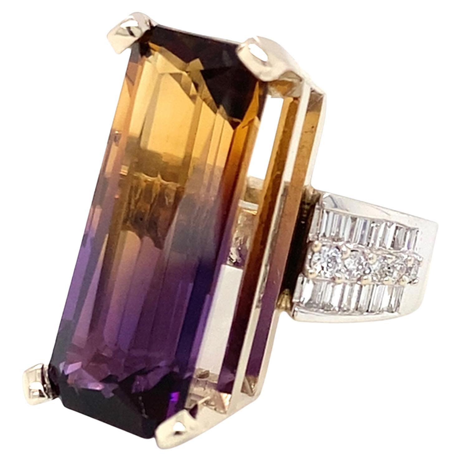 13 Carat Emerald Cut Ametrine and 14K White Gold Cocktail Ring