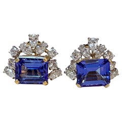 13 Carat Emerald Cut Tanzanite & 5 Carat Diamond 18 Karat Two Tone Gold Earring