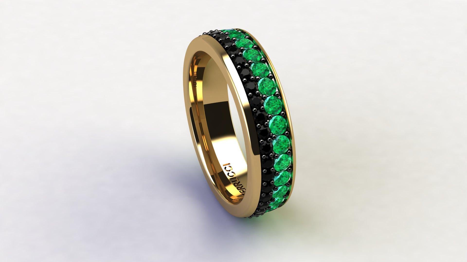 Modern 1.3 Carat Emeralds Black diamonds Pavé Eternity Ring in 18 Karat Yellow Gold For Sale
