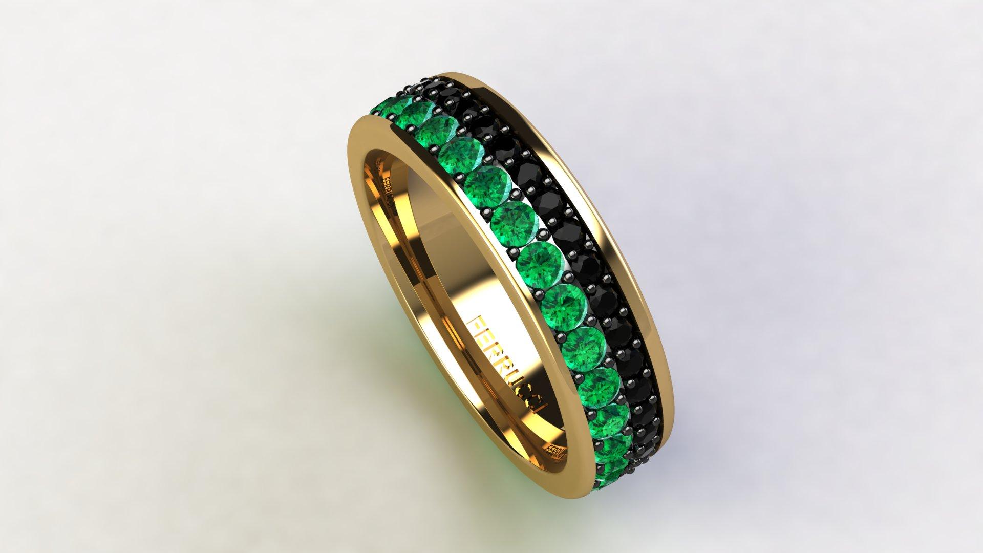 Round Cut 1.3 Carat Emeralds Black diamonds Pavé Eternity Ring in 18 Karat Yellow Gold For Sale