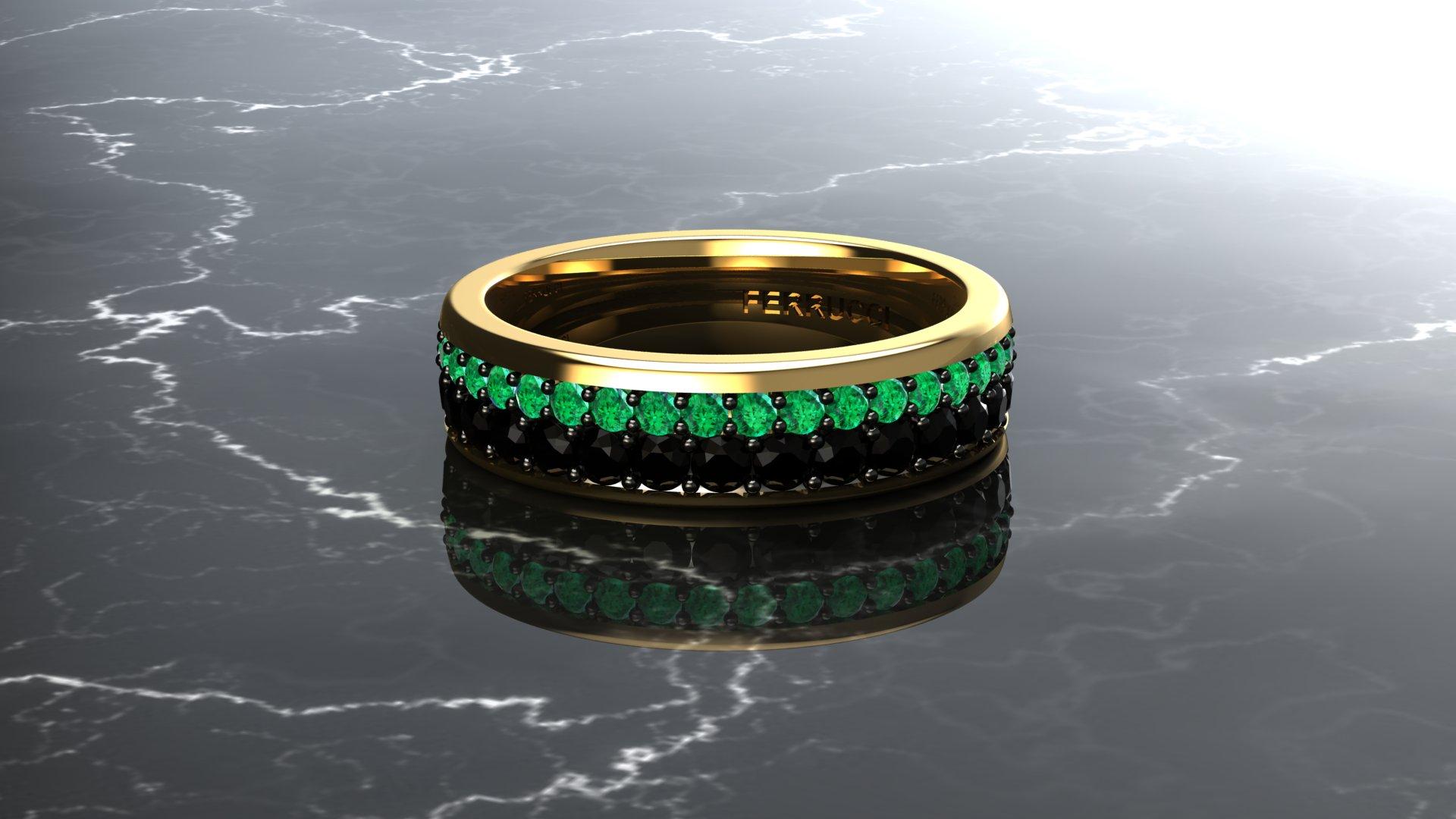 Women's or Men's 1.3 Carat Emeralds Black diamonds Pavé Eternity Ring in 18 Karat Yellow Gold For Sale