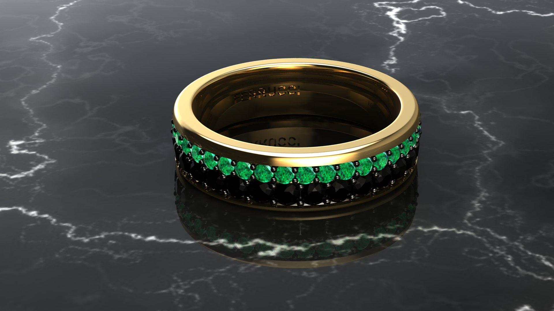 1.3 Carat Emeralds Black diamonds Pavé Eternity Ring in 18 Karat Yellow Gold For Sale 1