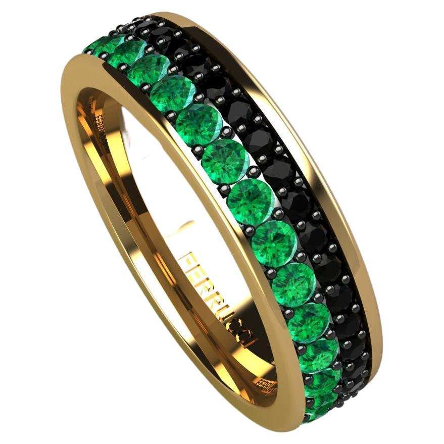 1.3 Carat Emeralds Black diamonds Pavé Eternity Ring in 18 Karat Yellow Gold For Sale