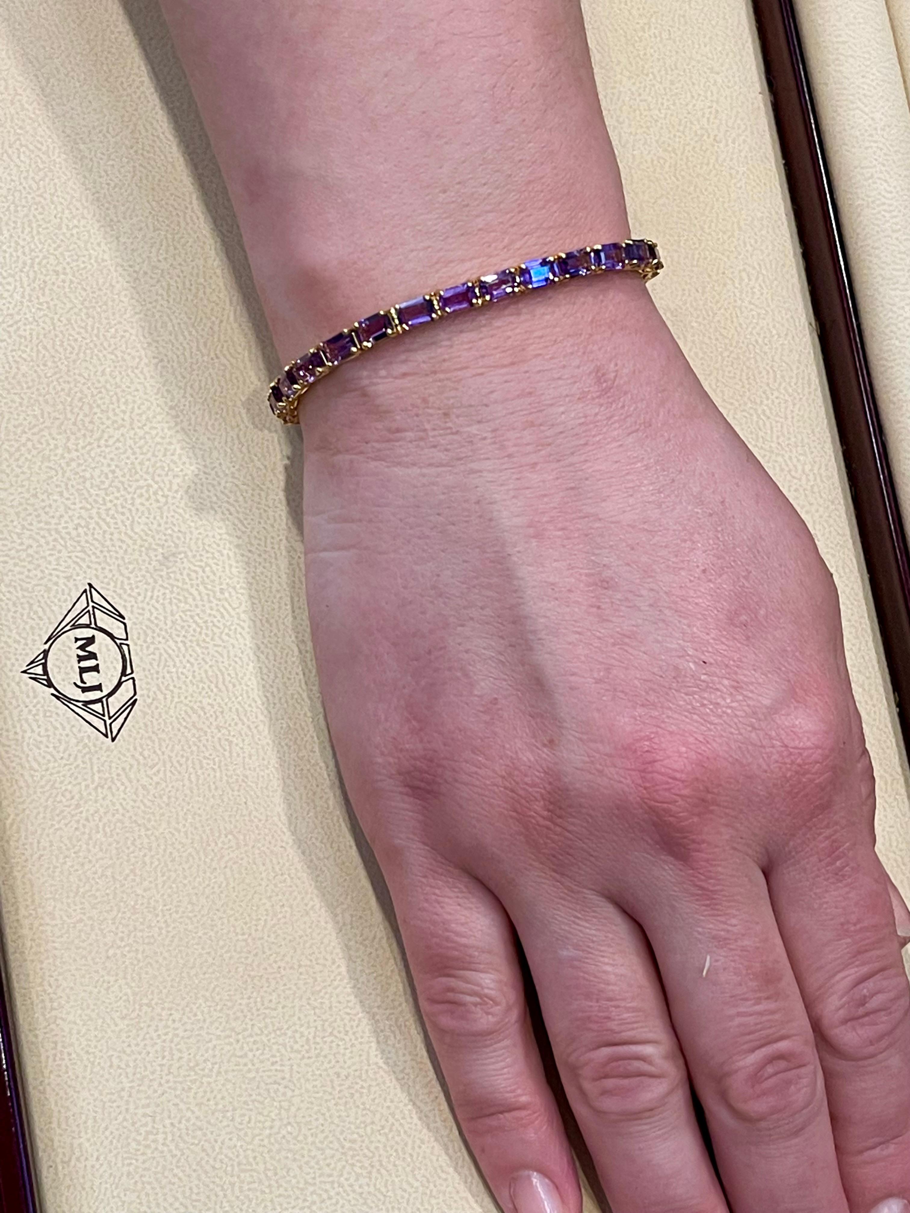 Emerald Cut 13 Carat Genuine Natural Amethyst Tennis Bracelet 14 Karat Yellow Gold For Sale