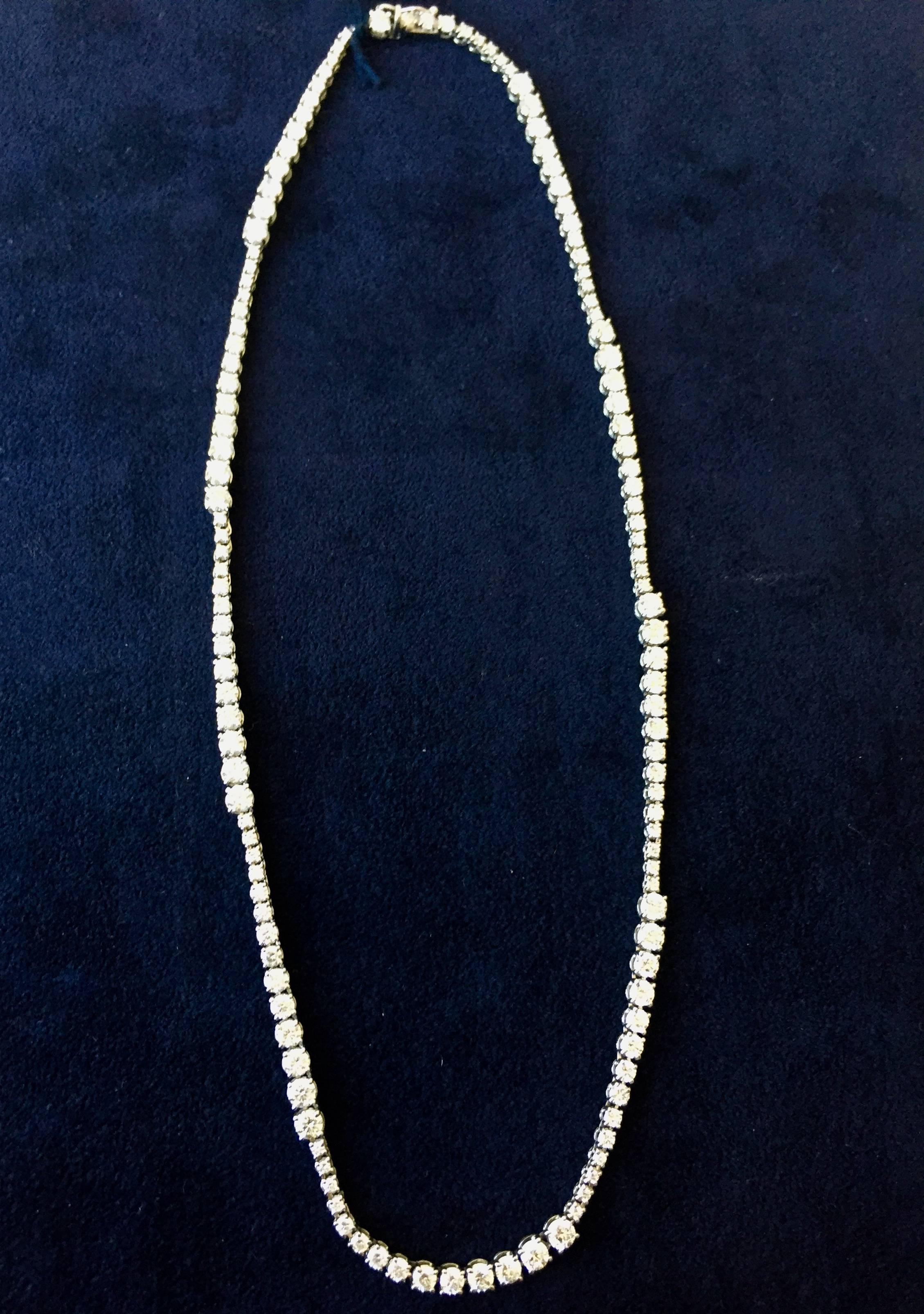 This stunning graduated necklace is manufactured in Italy, it consists of sections of graduated stones. Set in 14K white gold, with excellent-cut round diamonds. The color of the stones are G and the clarity is SI1 to SI2. The weight of the necklace