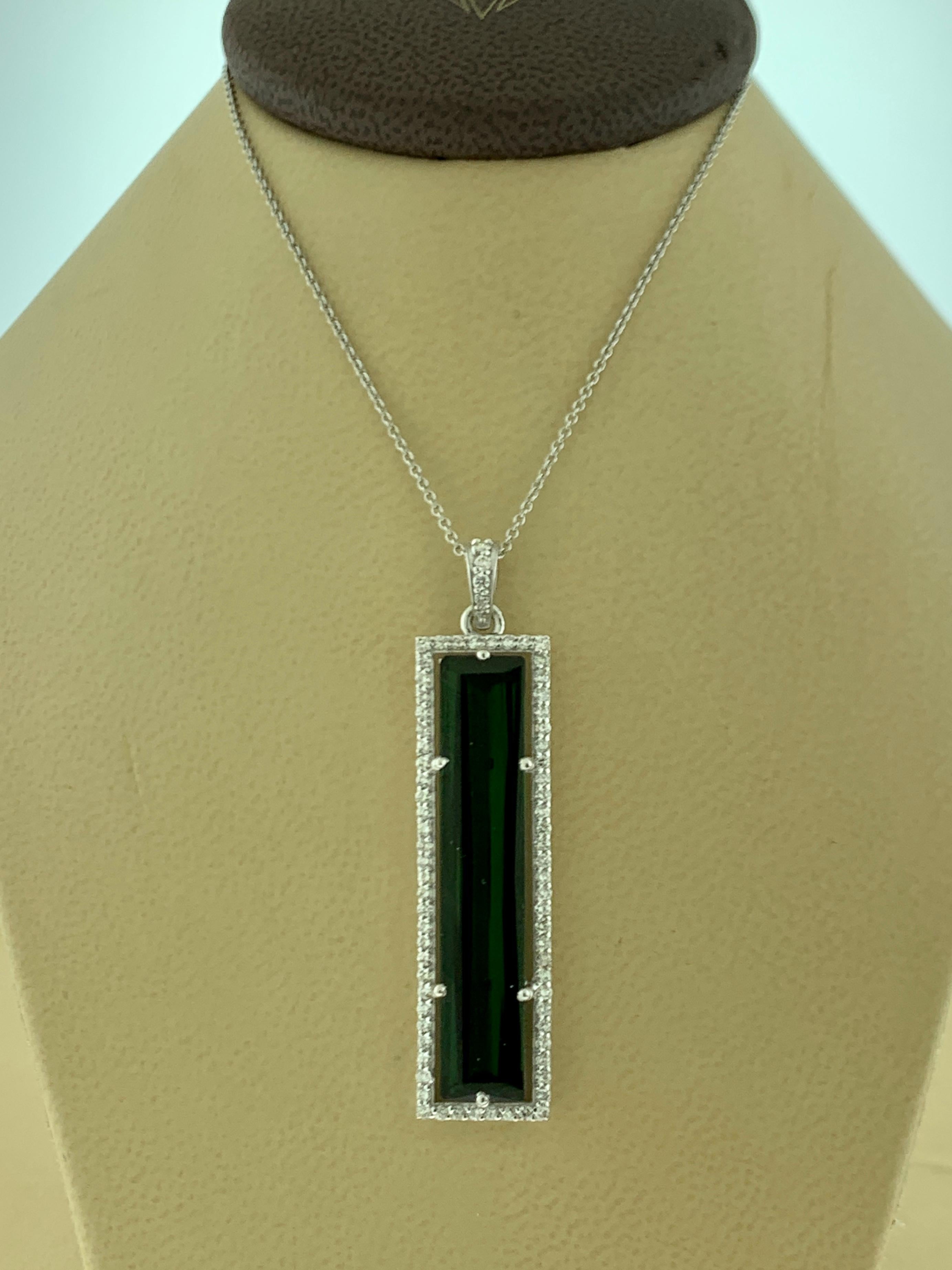 Cushion Cut 13 Carat Green Tourmaline and 1.6 Carat Diamond Pendant / Necklace 18 Karat Gold