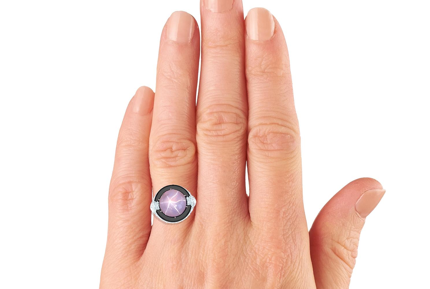 Art Deco 13 Carat Lavender Star Sapphire and Diamond Onyx Ring