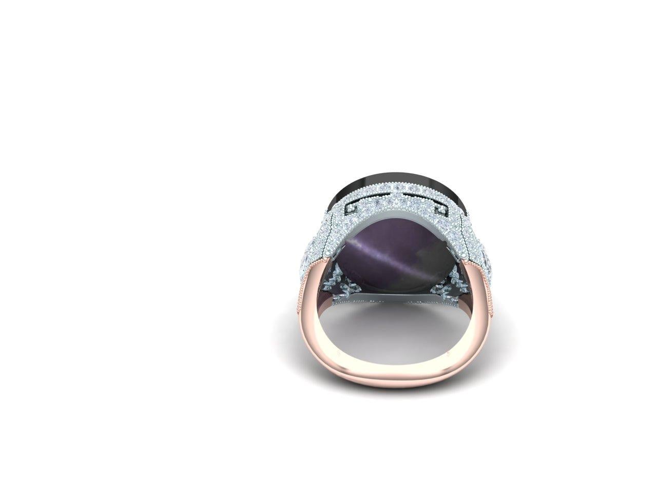 Round Cut 13 Carat Lavender Star Sapphire and Diamond Onyx Ring